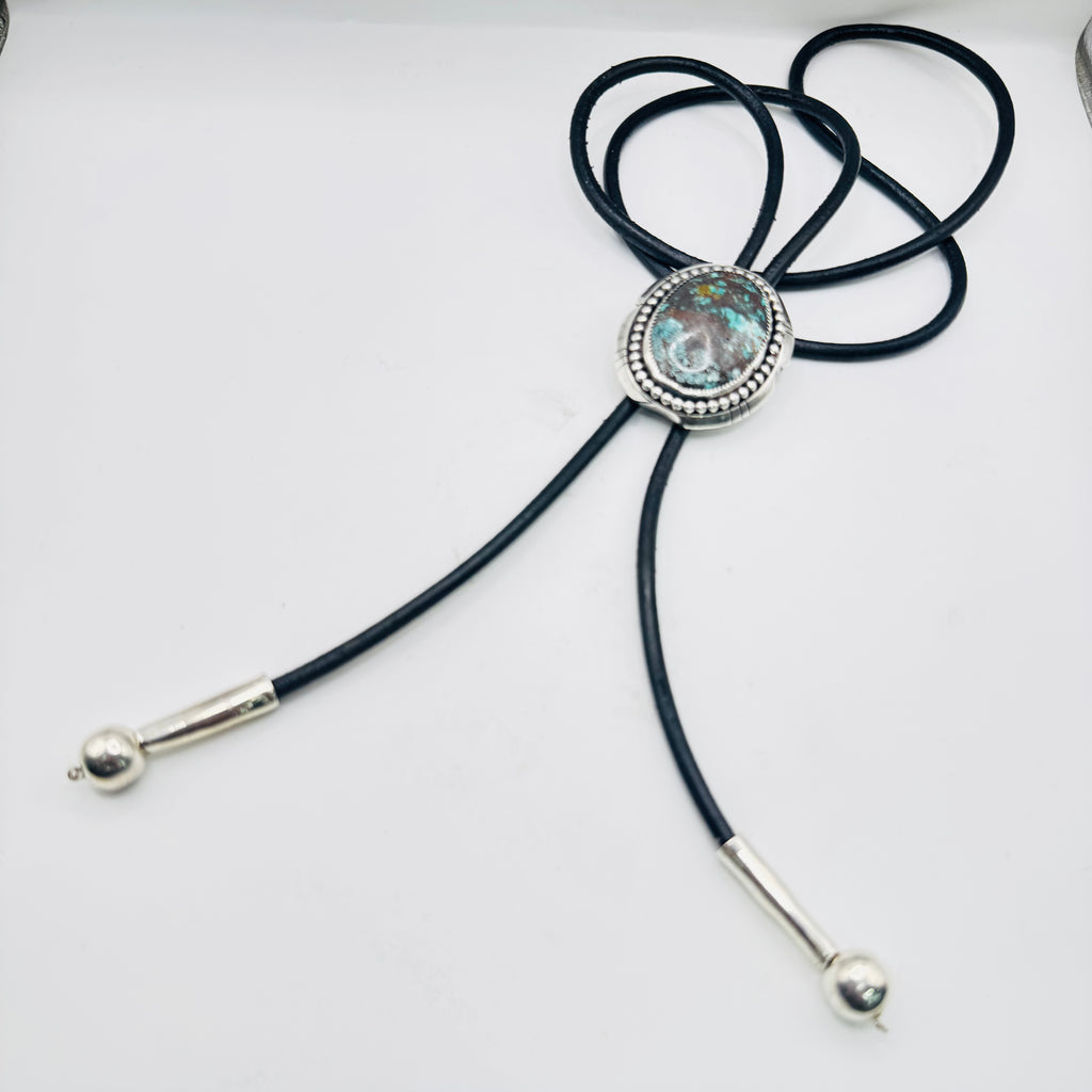 Bolo Tie with Arizona Turquoise, Sterling Silver 950 & Leather — Native American Style