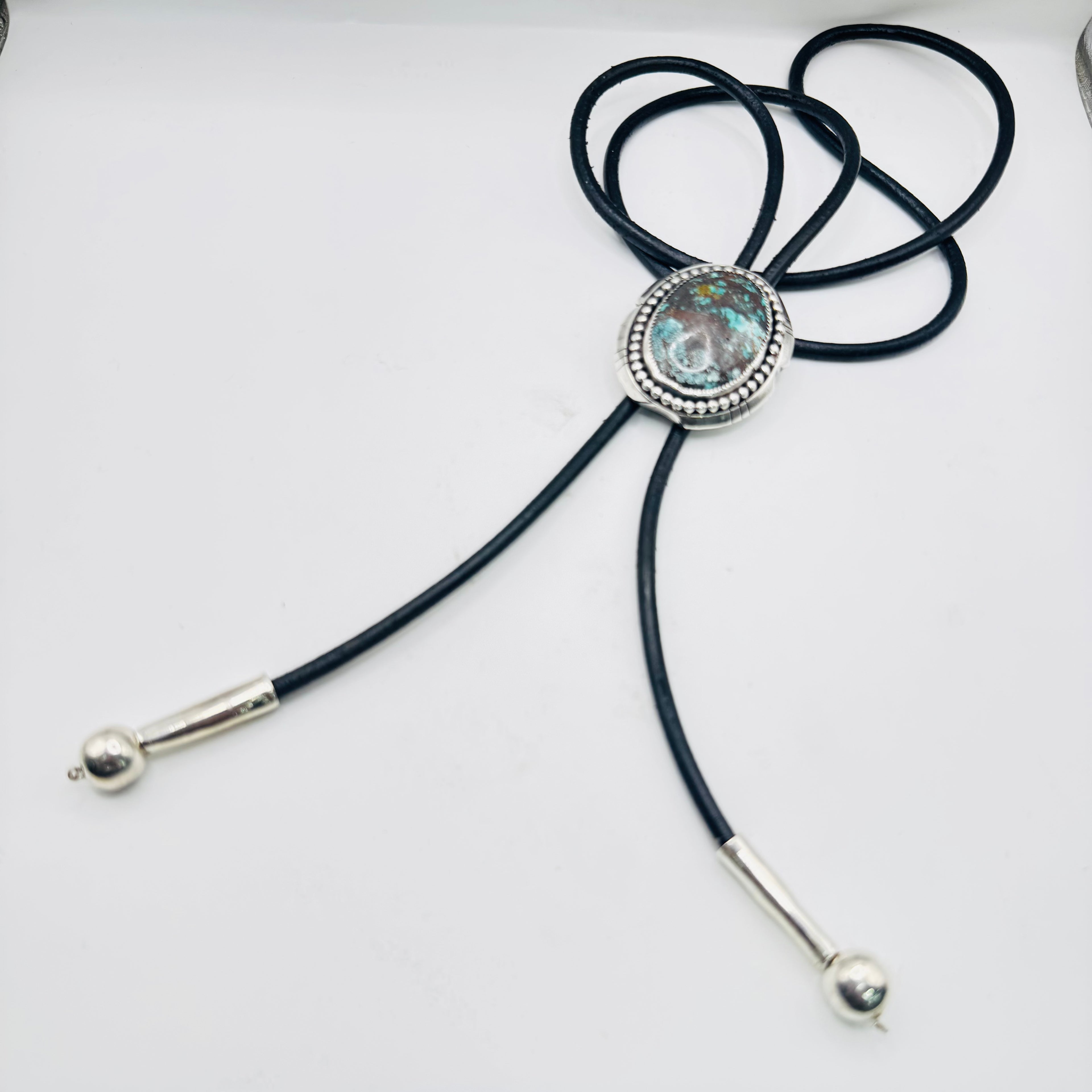 Bolo Tie with Arizona Turquoise, Sterling Silver 950 & Leather — Native American Style