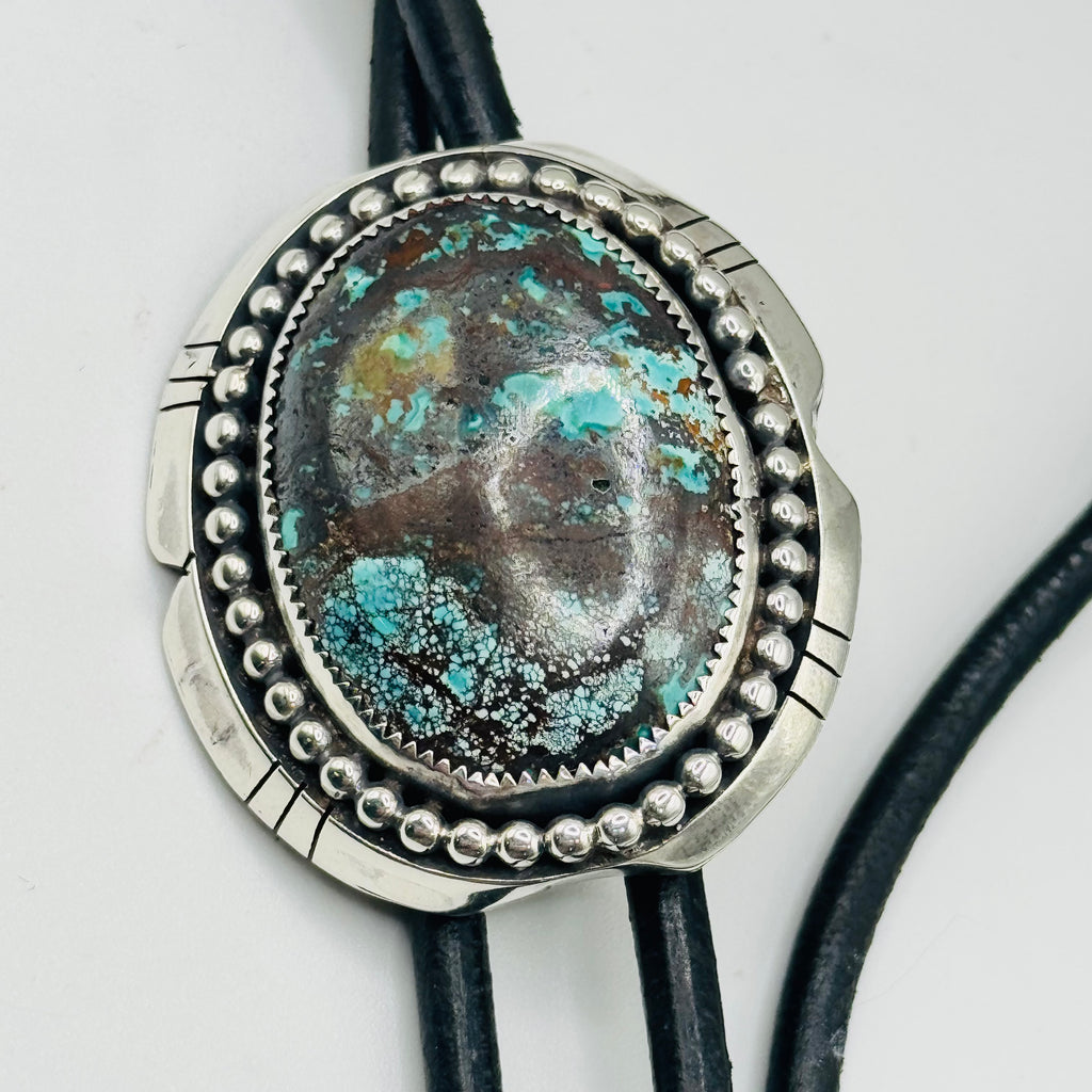 Bolo Tie with Arizona Turquoise, Sterling Silver 950 & Leather — Native American Style