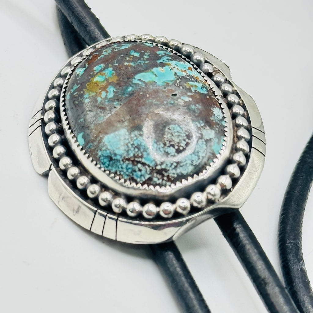 Bolo Tie with Arizona Turquoise, Sterling Silver 950 & Leather — Native American Style