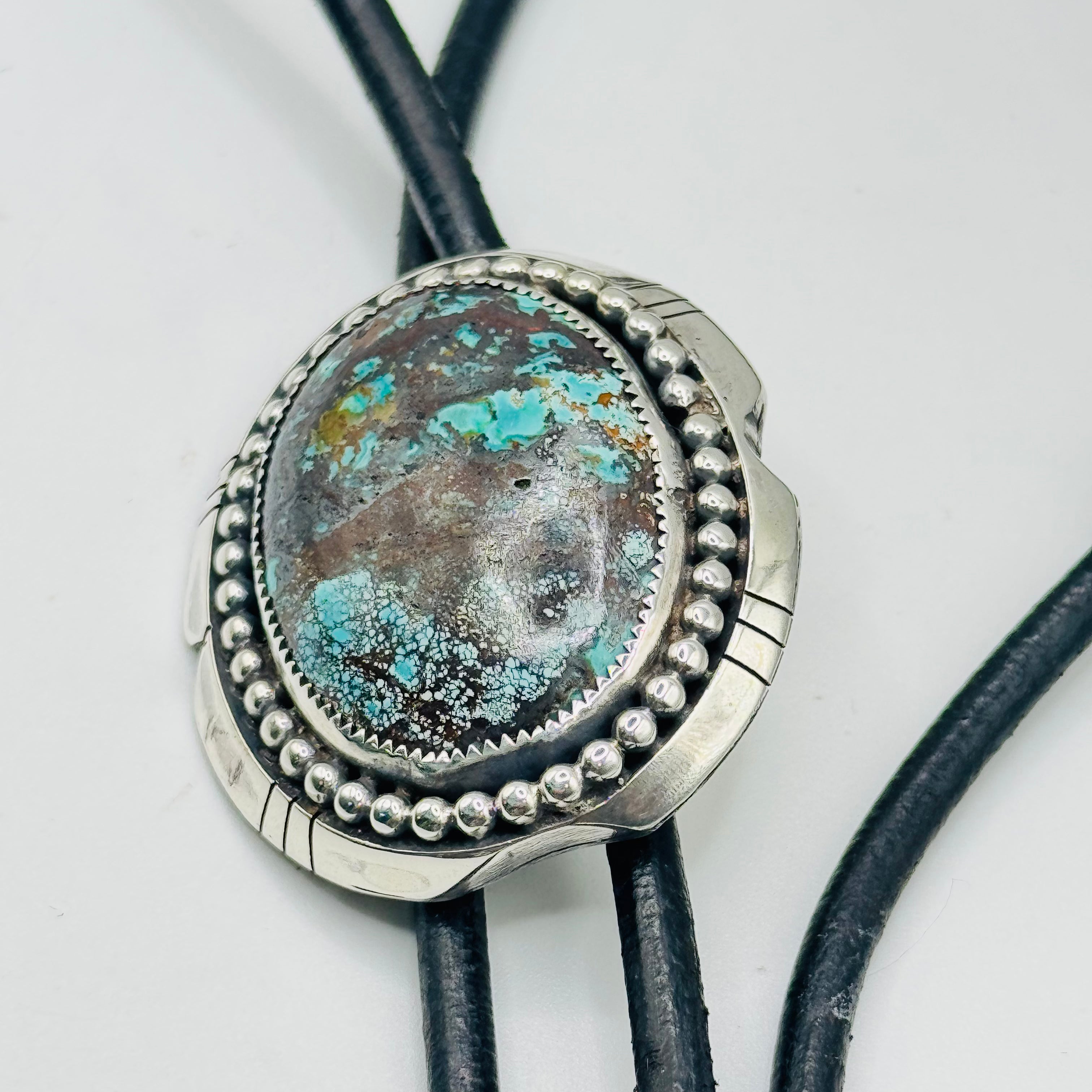 Bolo Tie with Arizona Turquoise, Sterling Silver 950 & Leather — Native American Style