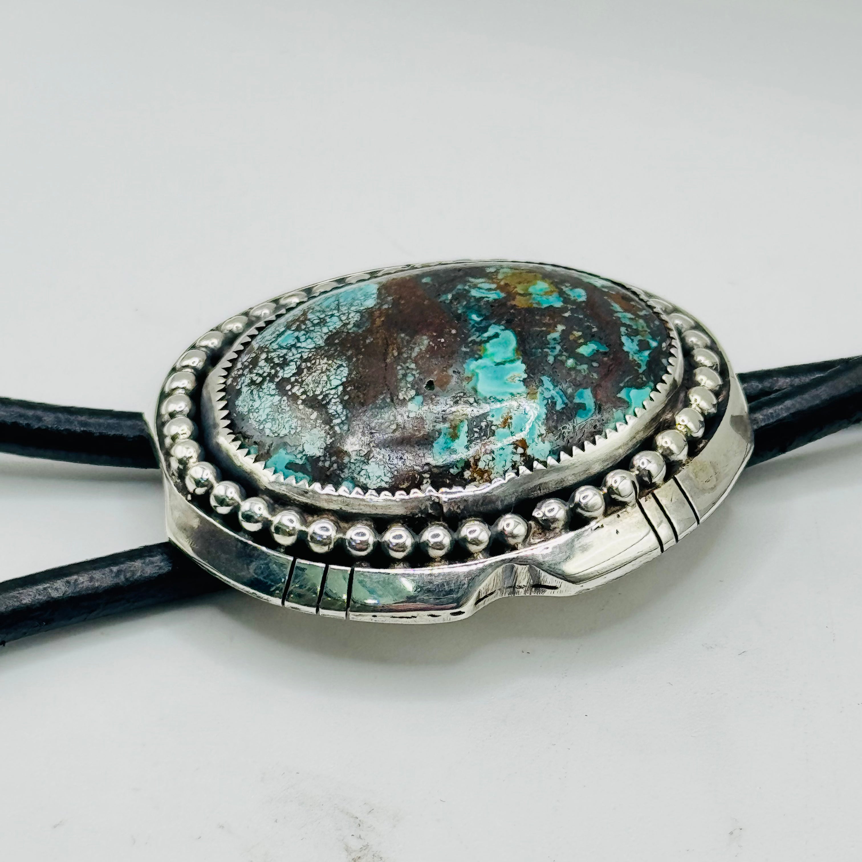 Bolo Tie with Arizona Turquoise, Sterling Silver 950 & Leather — Native American Style