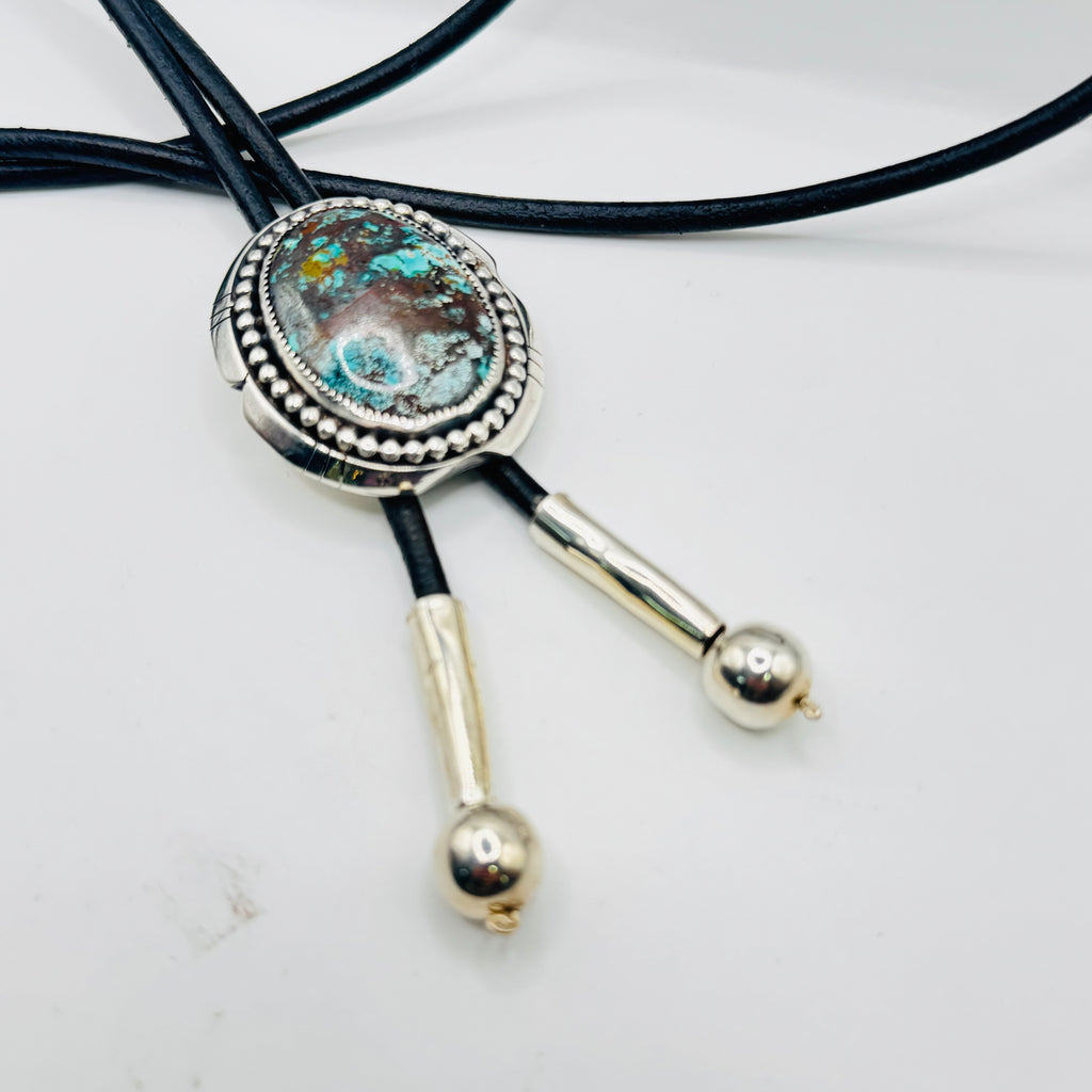 Bolo Tie with Arizona Turquoise, Sterling Silver 950 & Leather — Native American Style