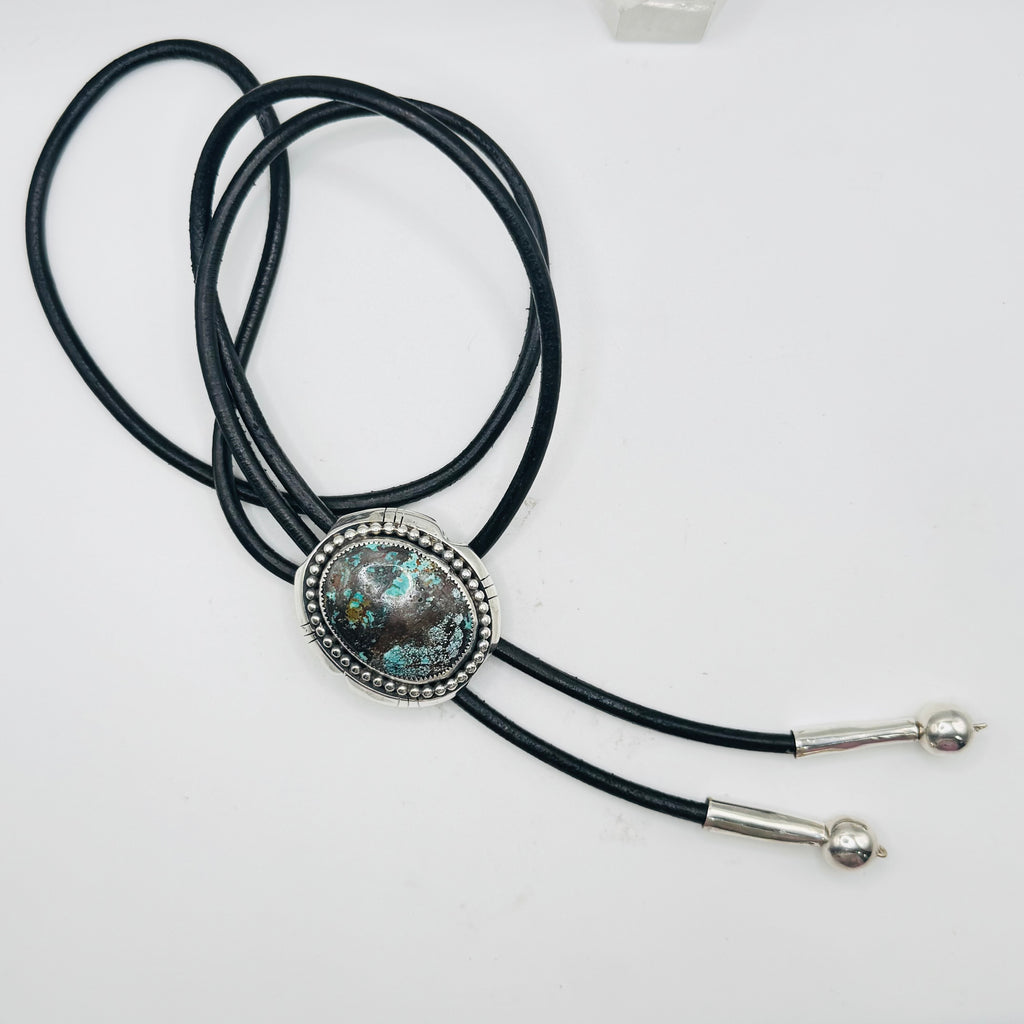 Bolo Tie with Arizona Turquoise, Sterling Silver 950 & Leather — Native American Style