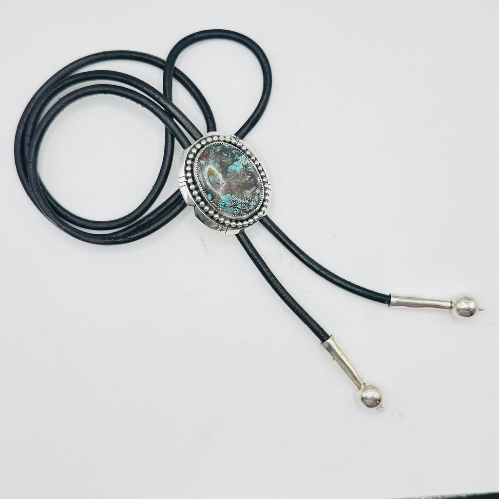 Bolo Tie with Arizona Turquoise, Sterling Silver 950 & Leather — Native American Style