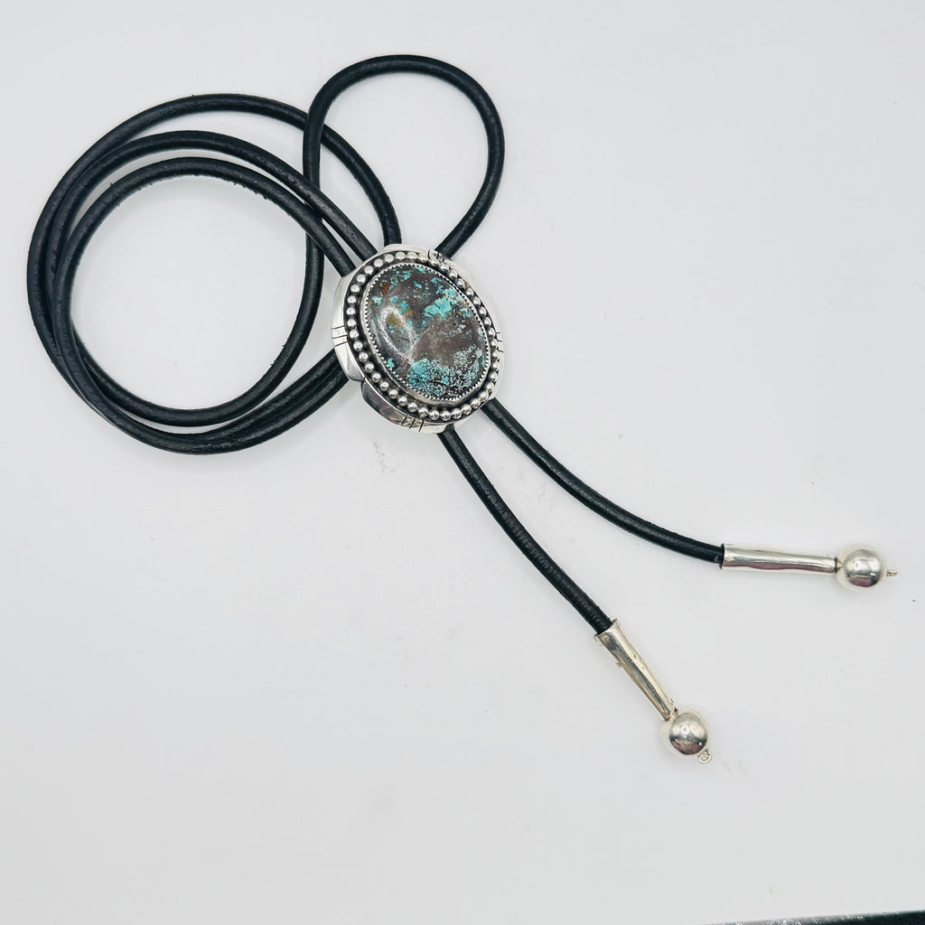 Bolo Tie with Arizona Turquoise, Sterling Silver 950 & Leather — Native American Style