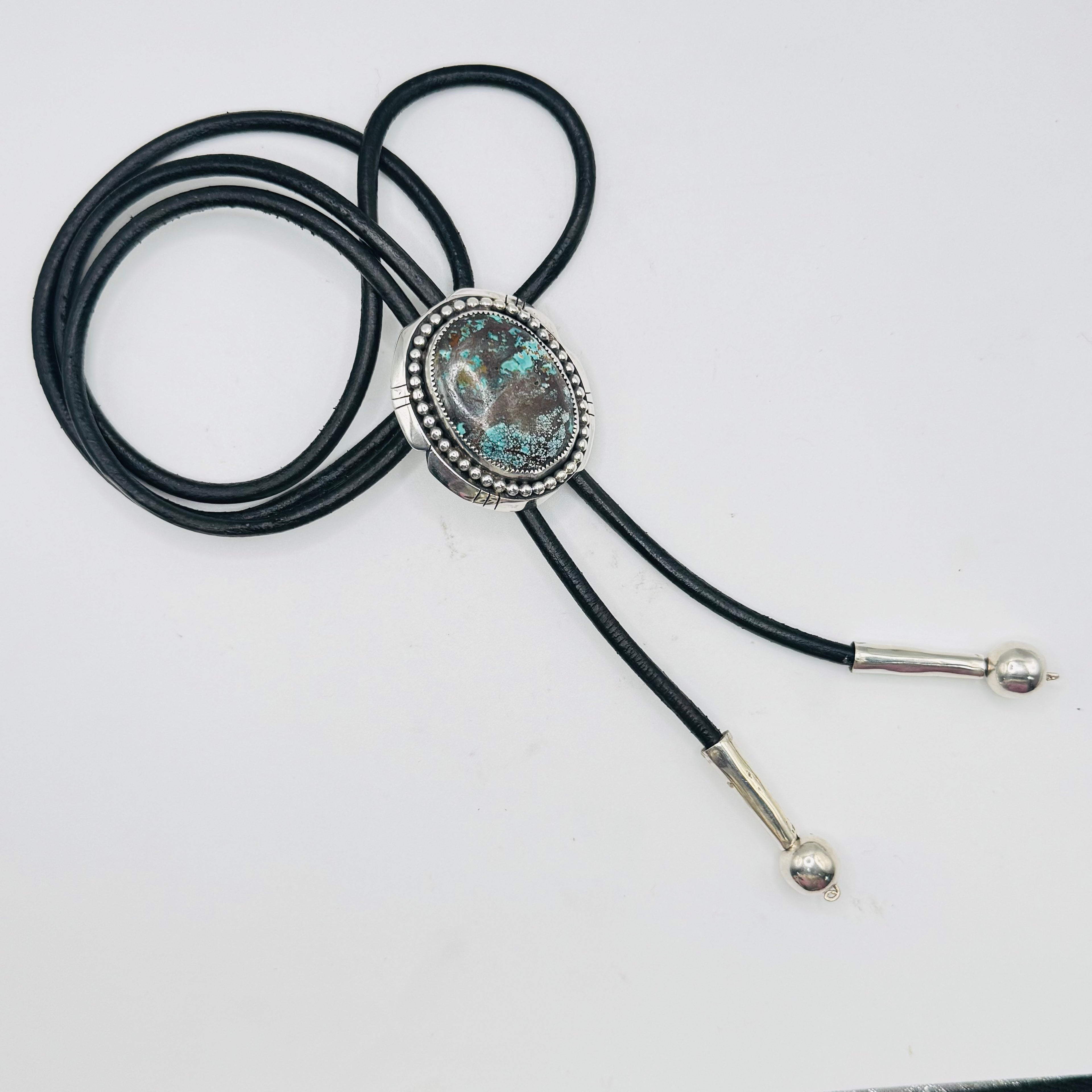 Bolo Tie with Arizona Turquoise, Sterling Silver 950 & Leather — Native American Style