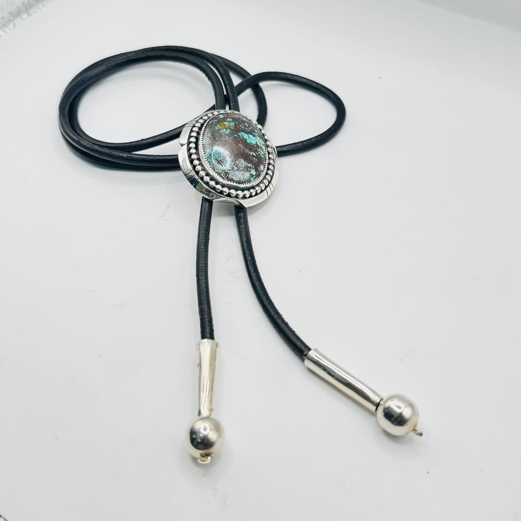 Bolo Tie with Arizona Turquoise, Sterling Silver 950 & Leather — Native American Style
