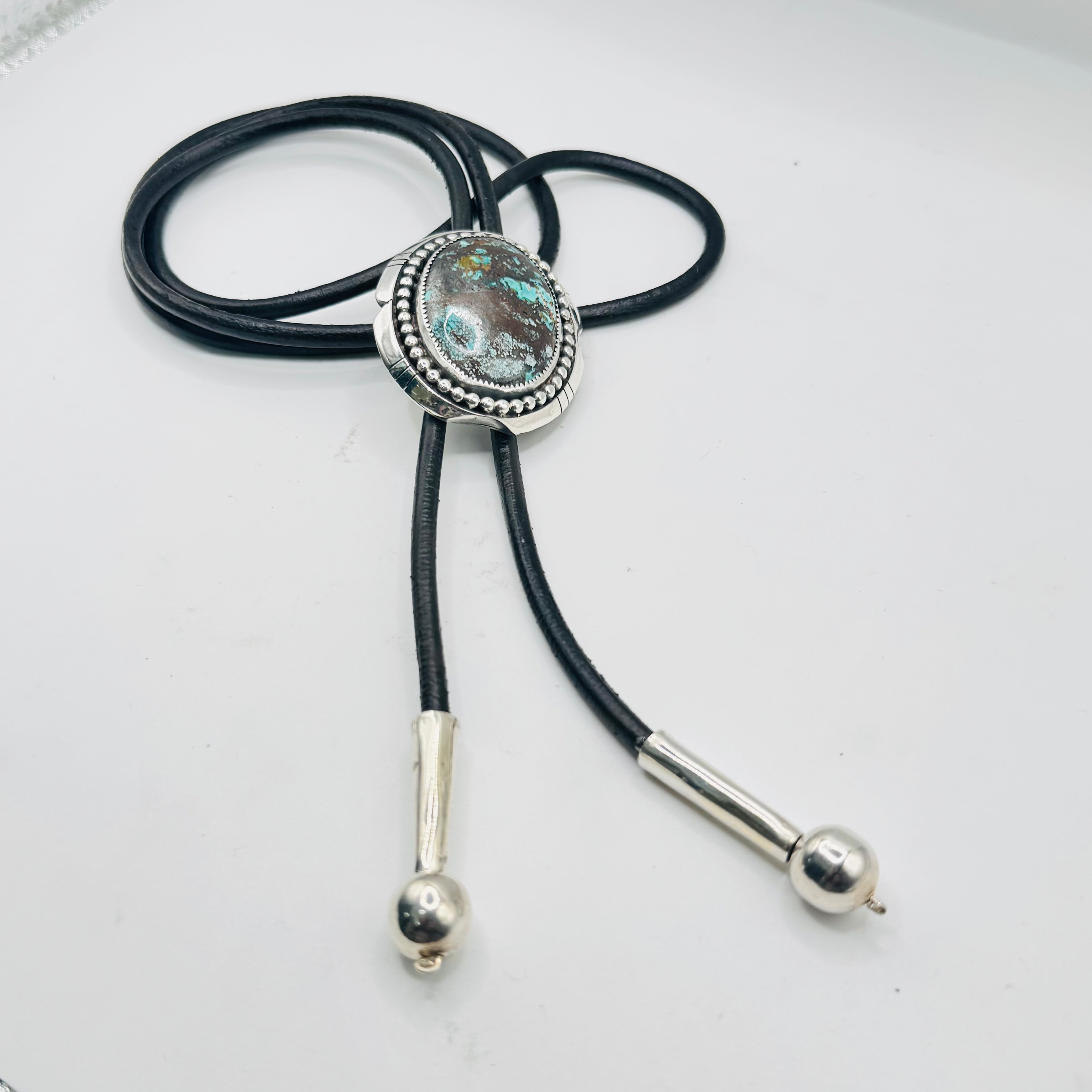 Bolo Tie with Arizona Turquoise, Sterling Silver 950 & Leather — Native American Style