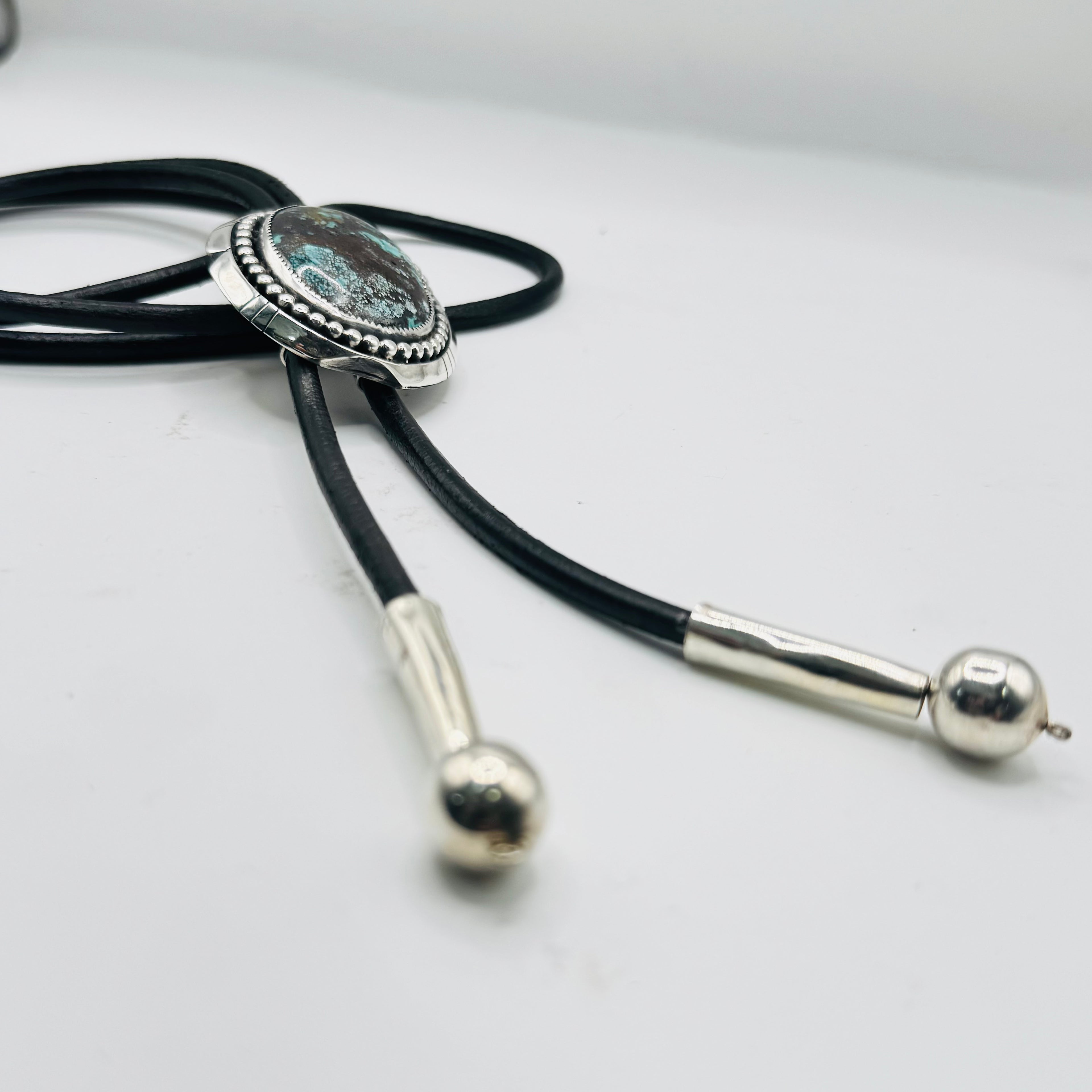 Bolo Tie with Arizona Turquoise, Sterling Silver 950 & Leather — Native American Style