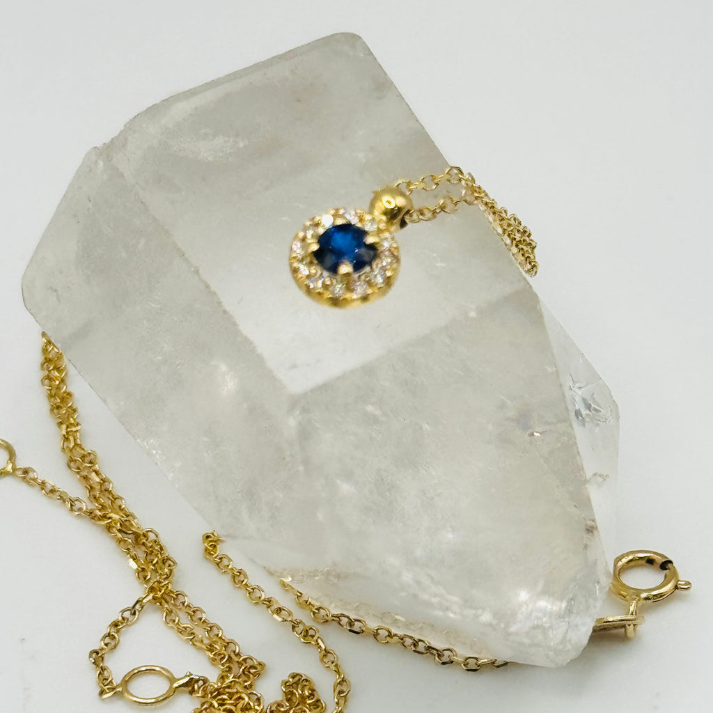 18K Gold Sapphire & Diamond Solitaire Necklace