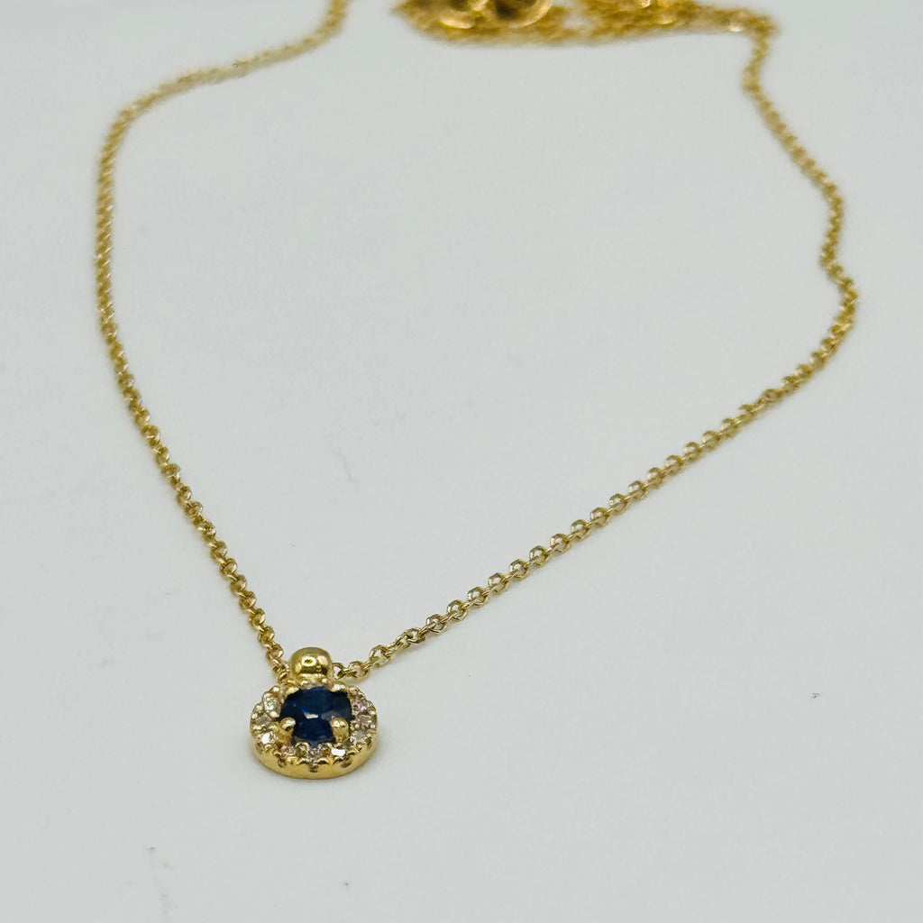 18K Gold Sapphire & Diamond Solitaire Necklace