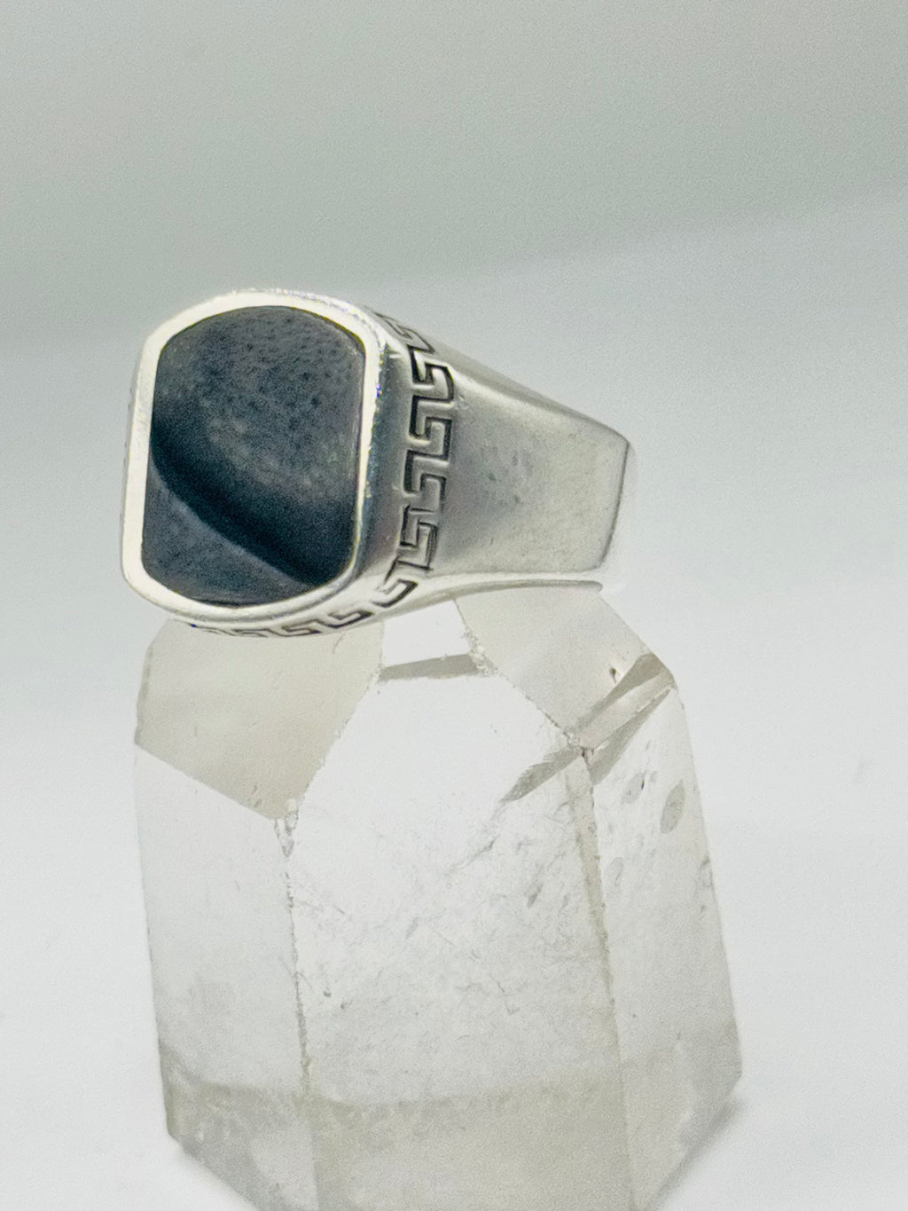 Handcrafted Sterling Silver 950 Rectangular Onyx Ring with Geometric Border Detail