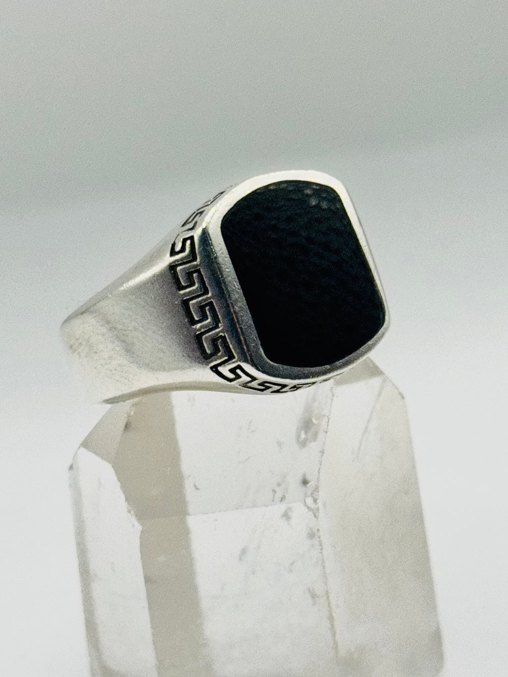 Handcrafted Sterling Silver 950 Rectangular Onyx Ring with Geometric Border Detail