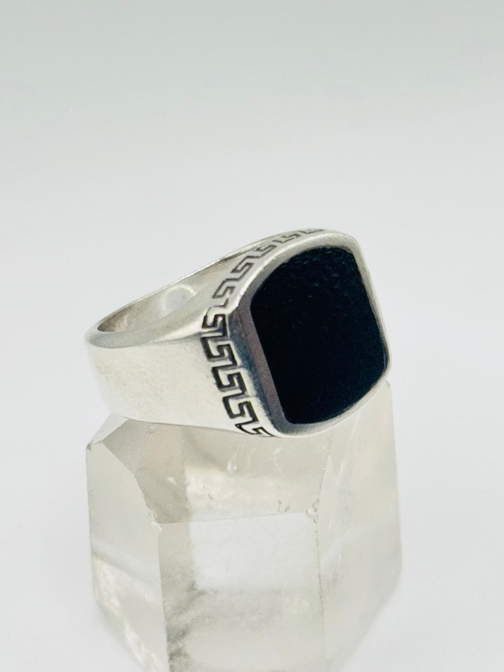 Handcrafted Sterling Silver 950 Rectangular Onyx Ring with Geometric Border Detail
