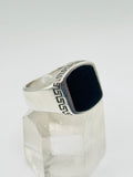 Handcrafted Sterling Silver 950 Rectangular Onyx Ring with Geometric Border Detail