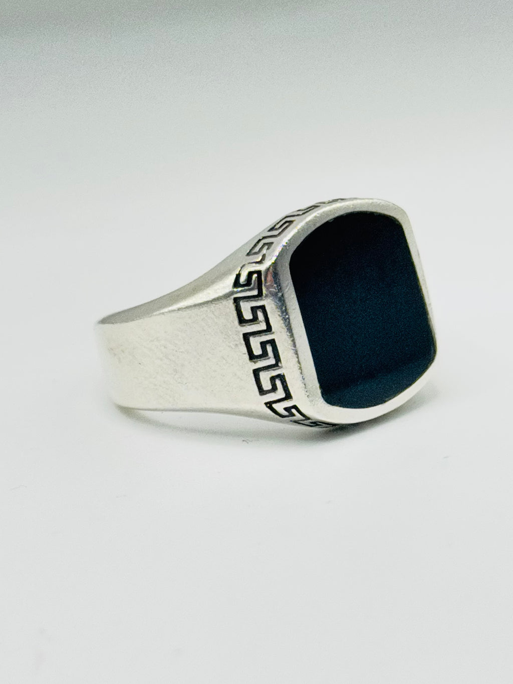 Handcrafted Sterling Silver 950 Rectangular Onyx Ring with Geometric Border Detail