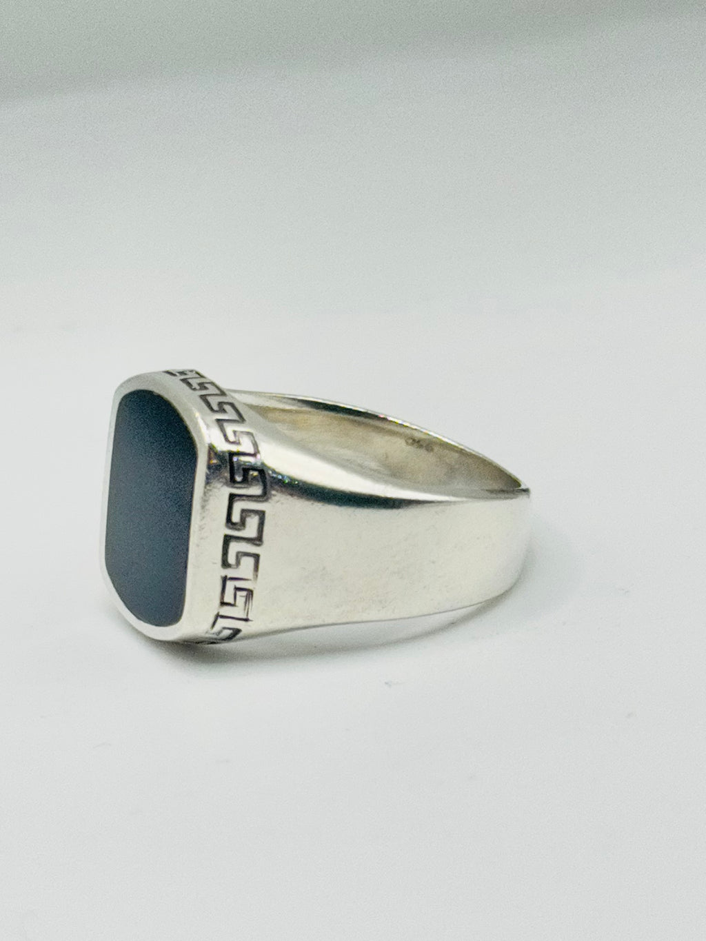 Handcrafted Sterling Silver 950 Rectangular Onyx Ring with Geometric Border Detail