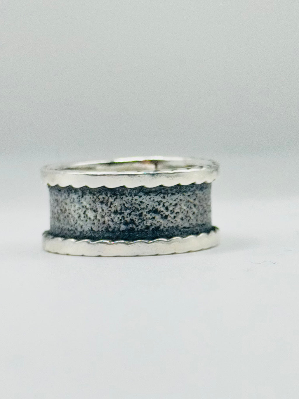 Sterling Silver 950 Wide Black Band Ring with Edge Detail
