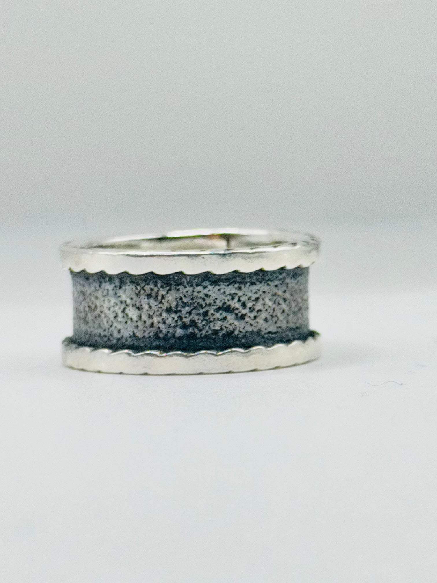 Sterling Silver 950 Wide Black Band Ring with Edge Detail