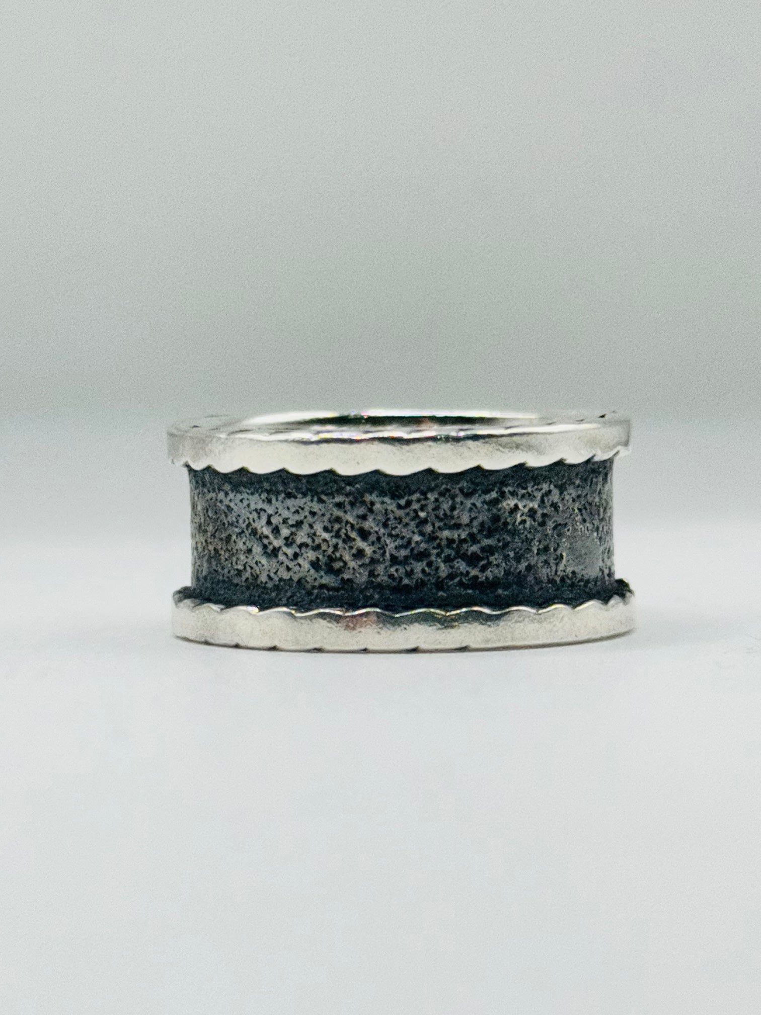 Sterling Silver 950 Wide Black Band Ring with Edge Detail
