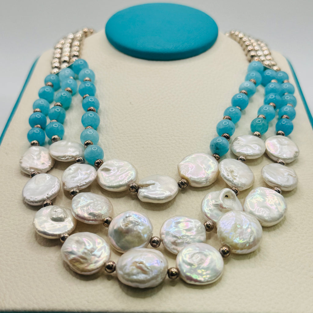 Long Pearl and Amazonite Bead Necklace