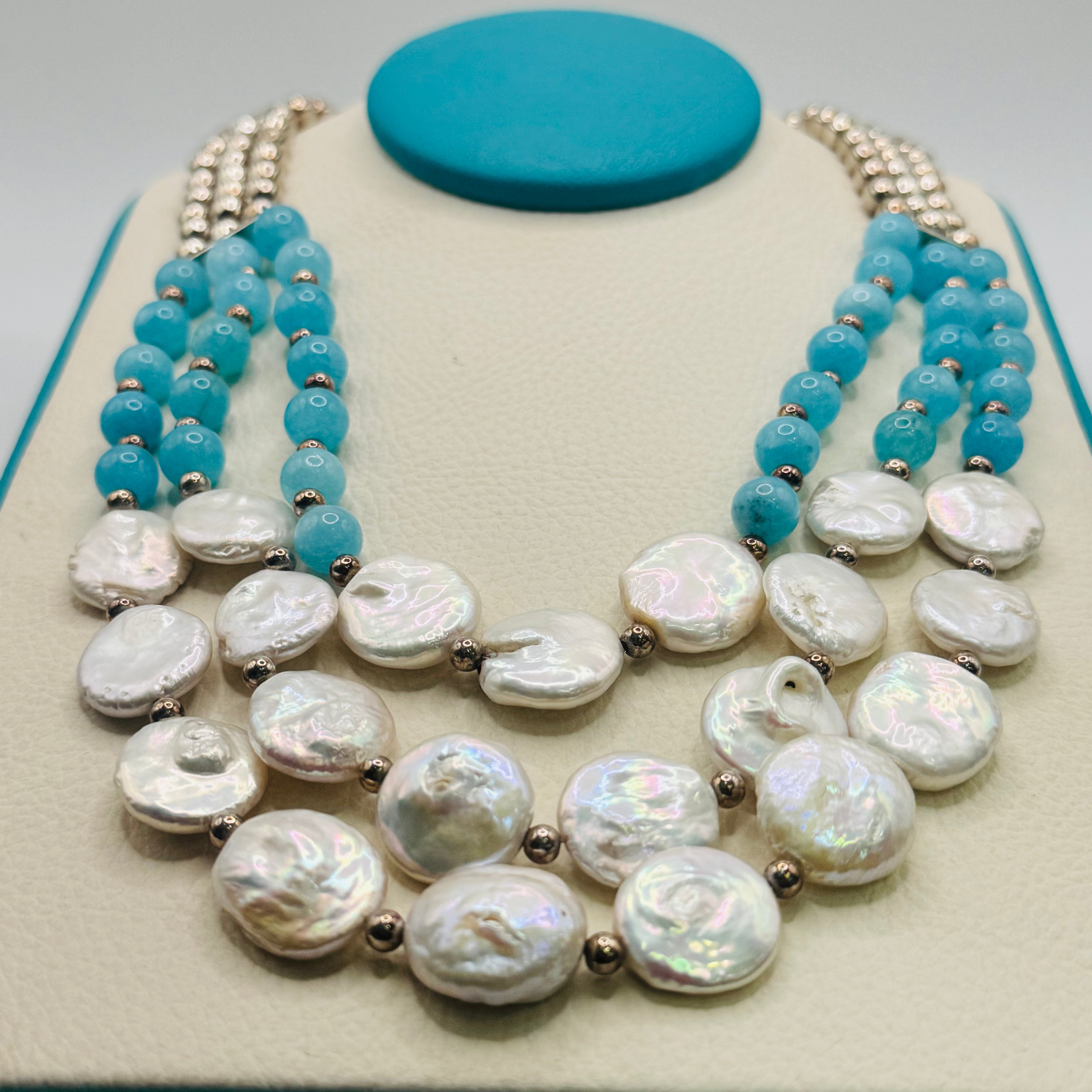 Long Pearl and Amazonite Bead Necklace