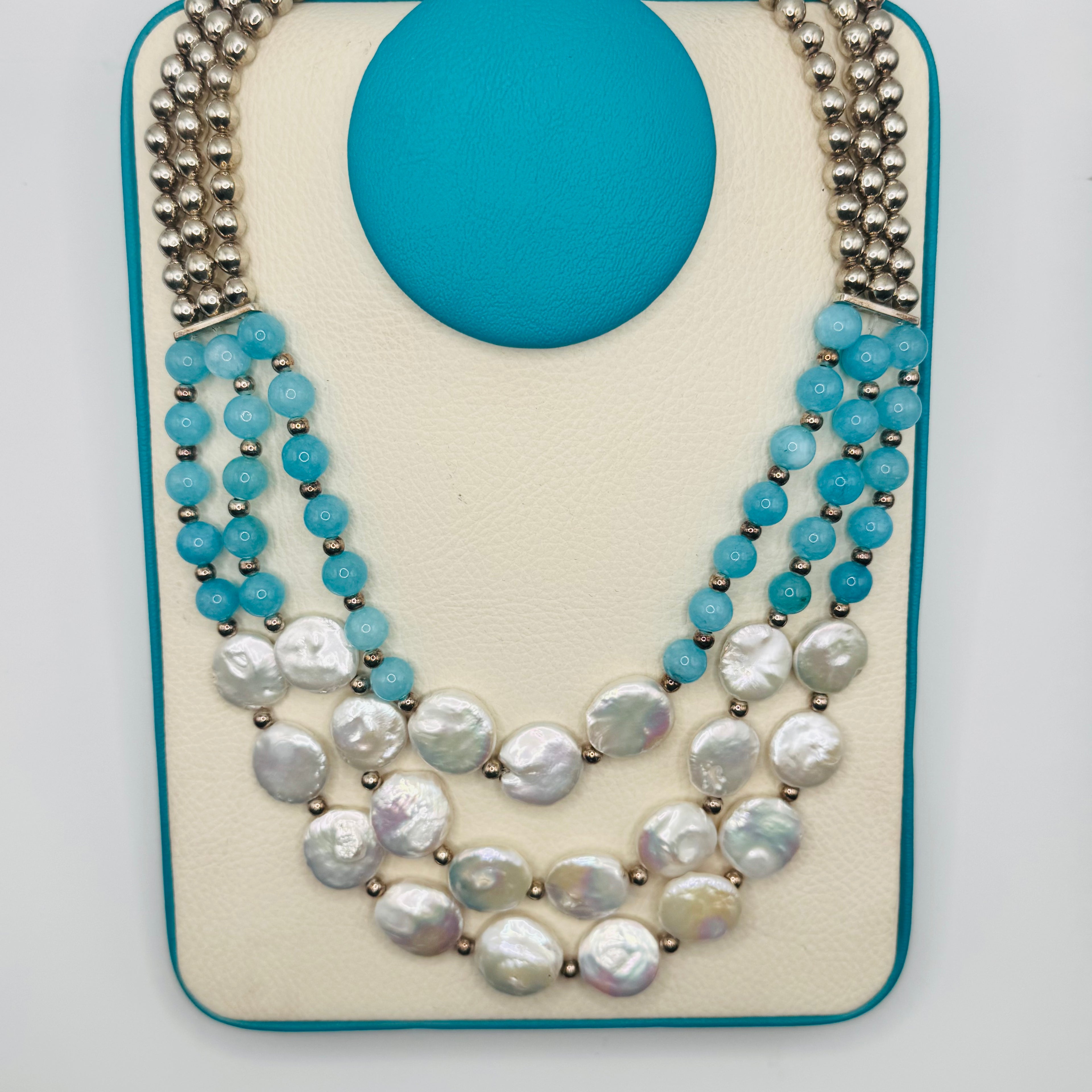 Long Pearl and Amazonite Bead Necklace