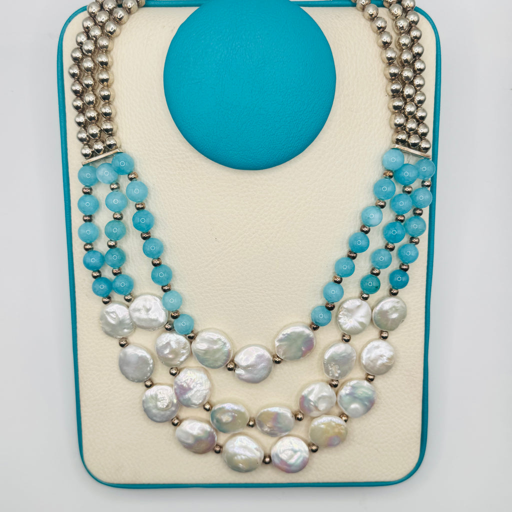 Long Pearl and Amazonite Bead Necklace