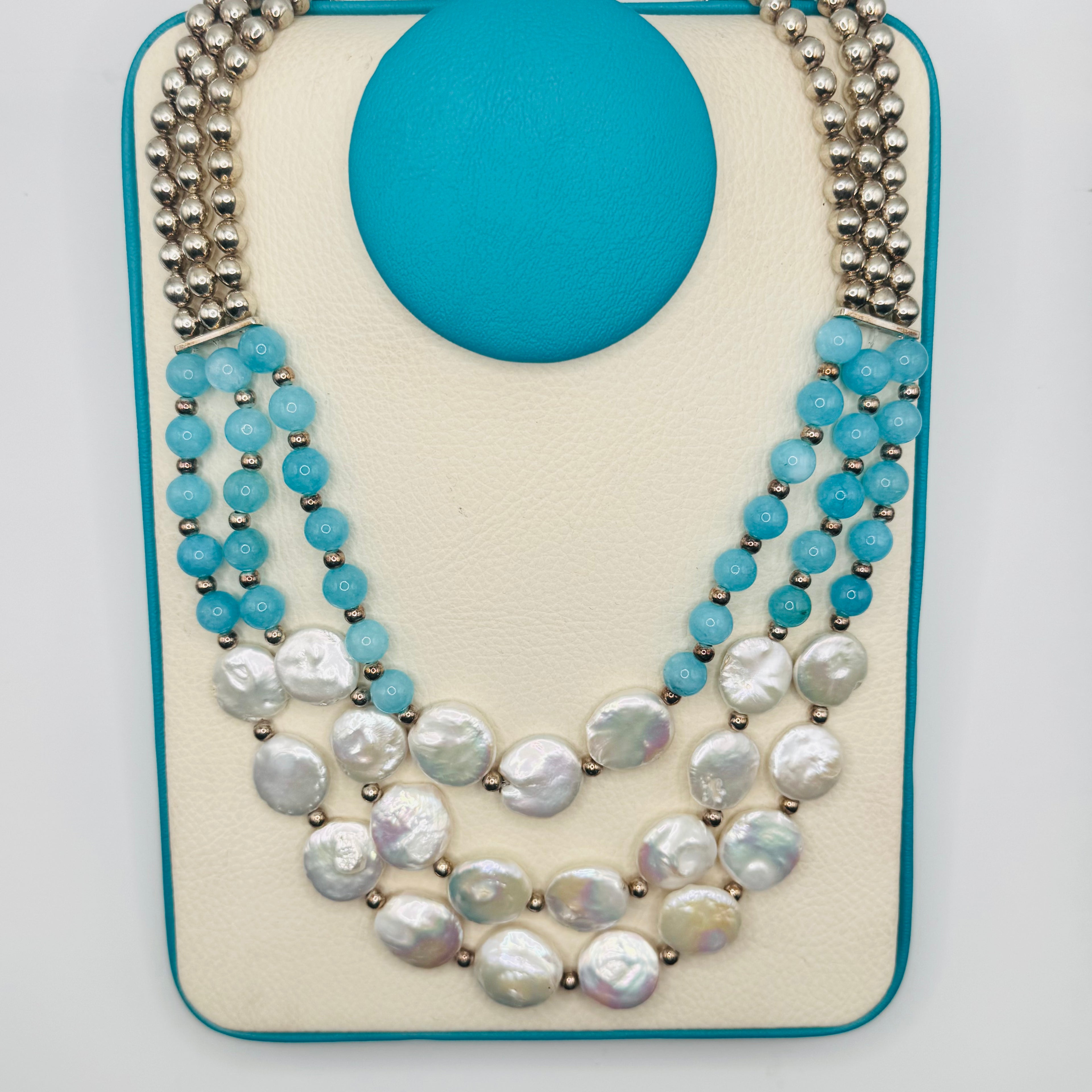 Long Pearl and Amazonite Bead Necklace