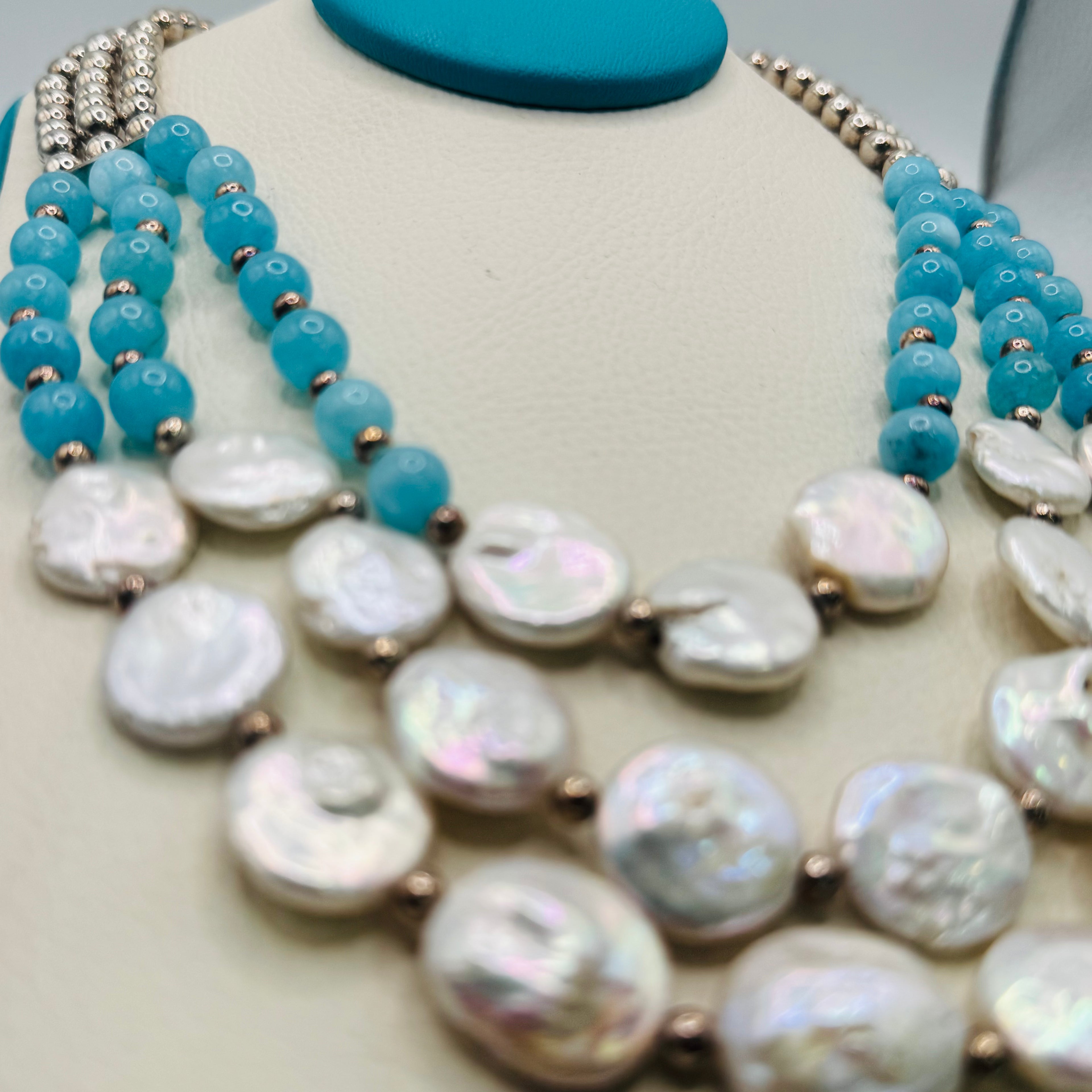 Long Pearl and Amazonite Bead Necklace
