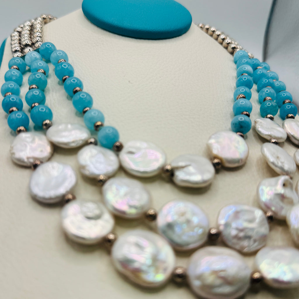 Long Pearl and Amazonite Bead Necklace