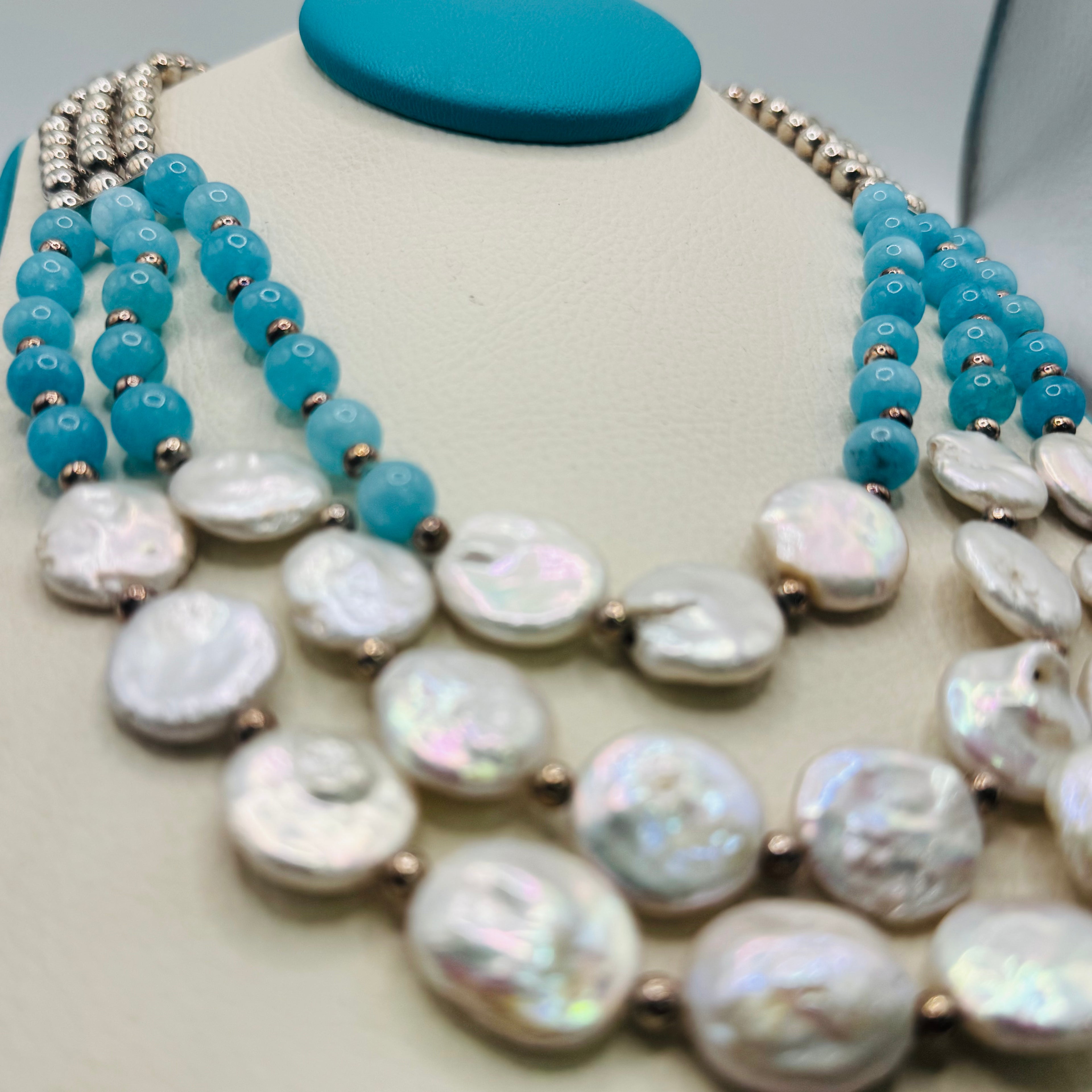 Long Pearl and Amazonite Bead Necklace