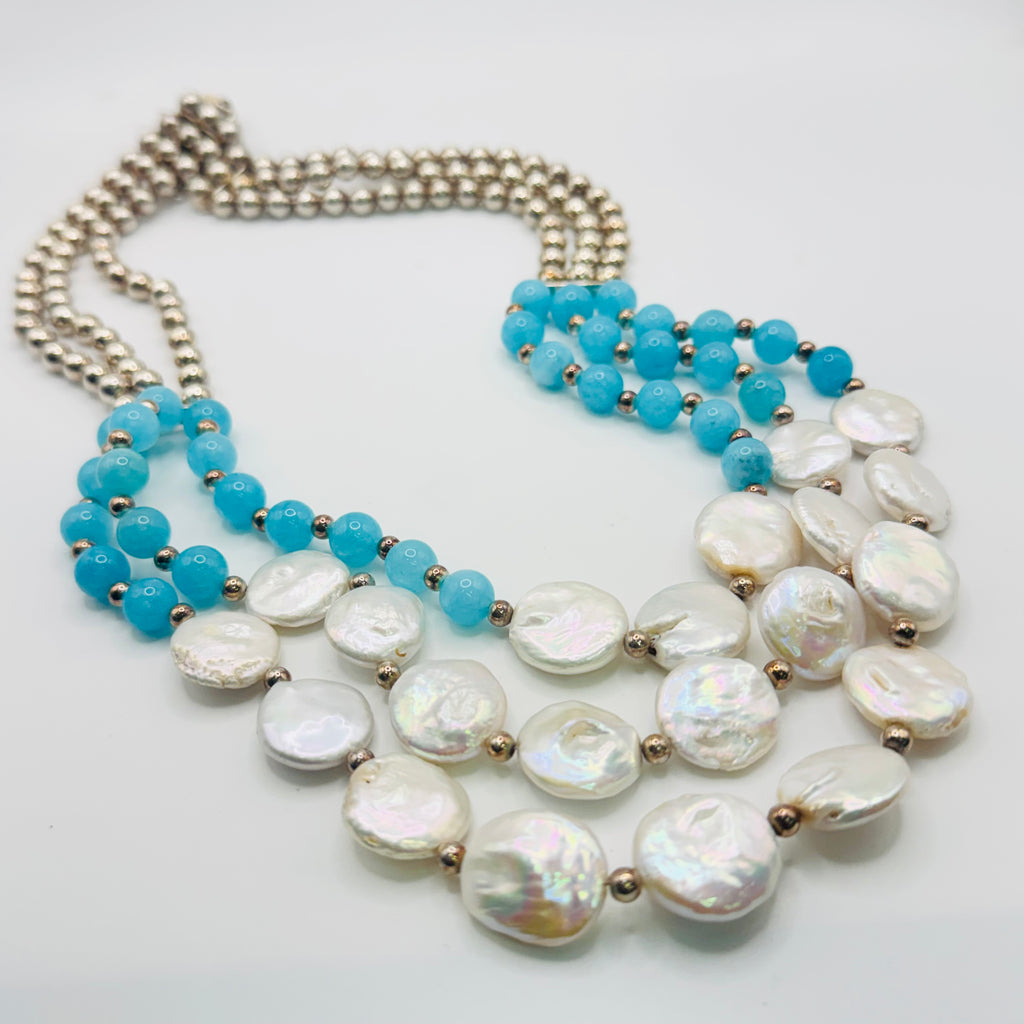 Long Pearl and Amazonite Bead Necklace