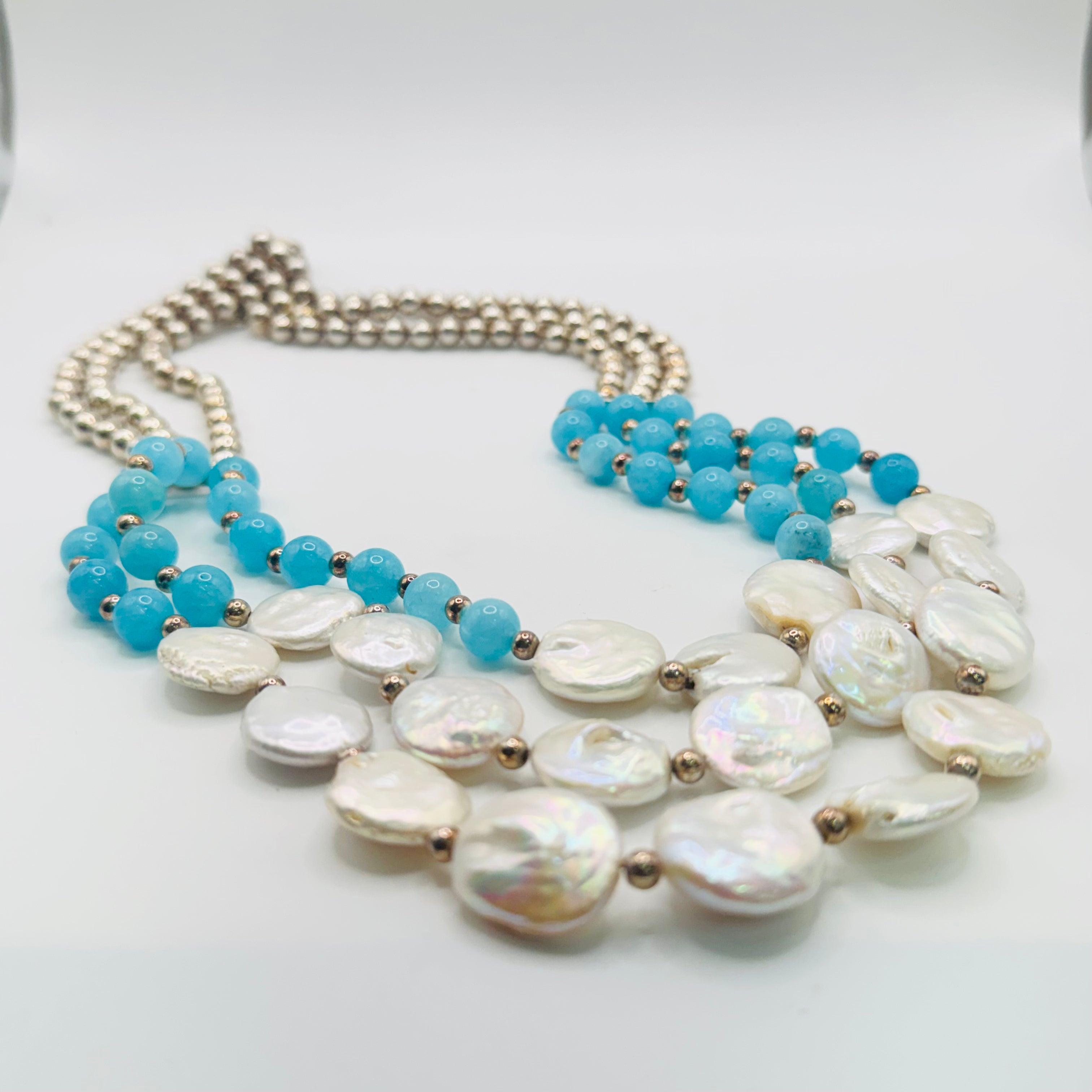 Long Pearl and Amazonite Bead Necklace