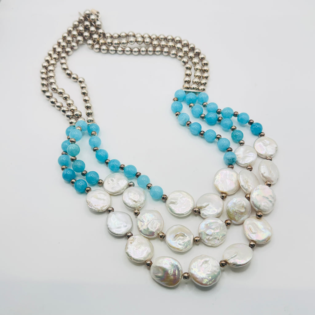 Long Pearl and Amazonite Bead Necklace