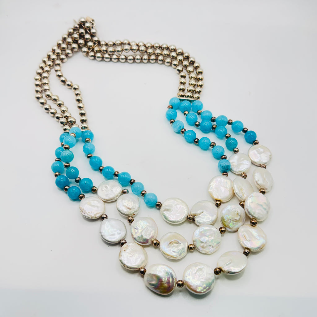 Long Pearl and Amazonite Bead Necklace