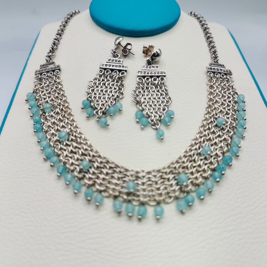 Handwoven 950 Sterling Silver and Amazonite Necklace Set