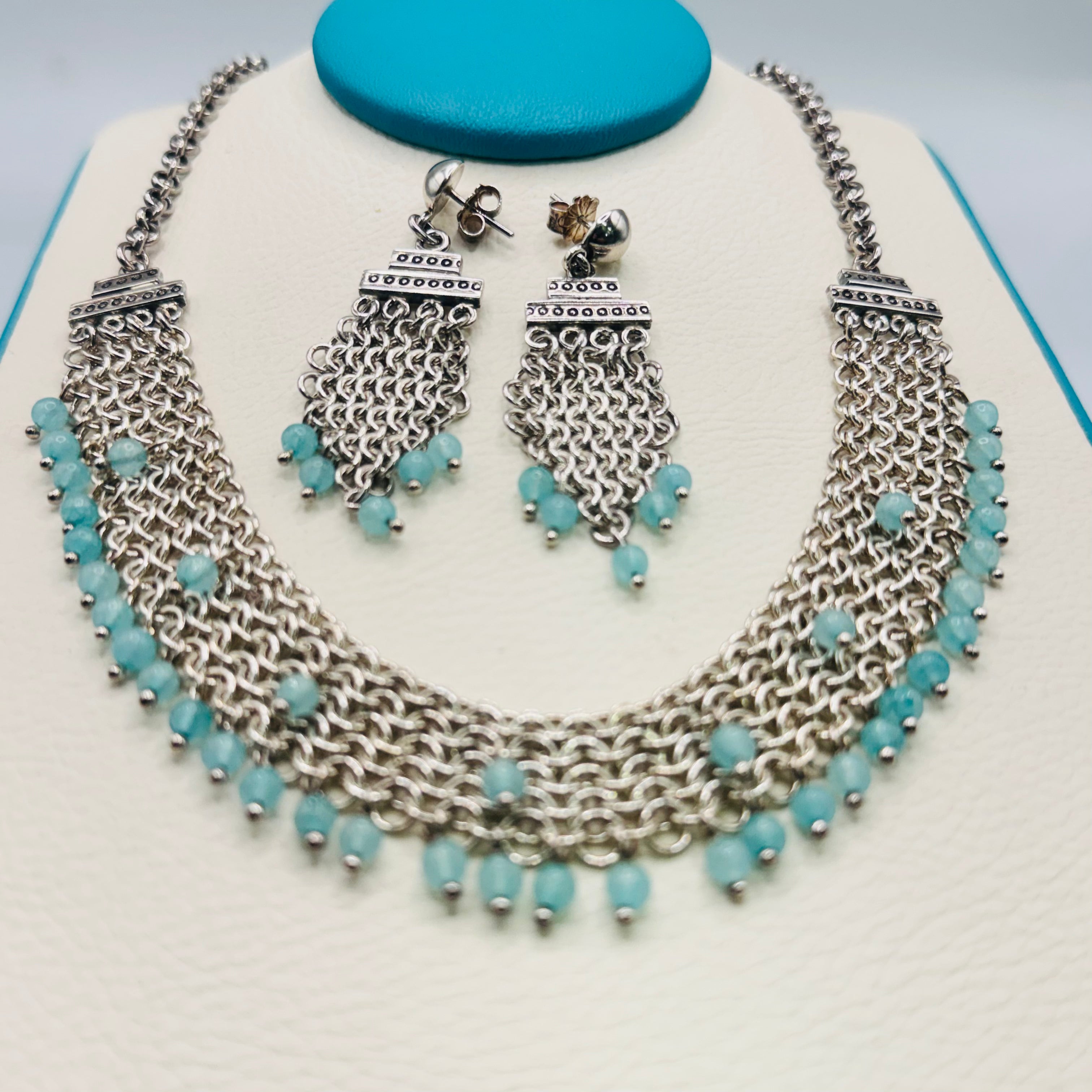 Handwoven 950 Sterling Silver and Amazonite Necklace Set