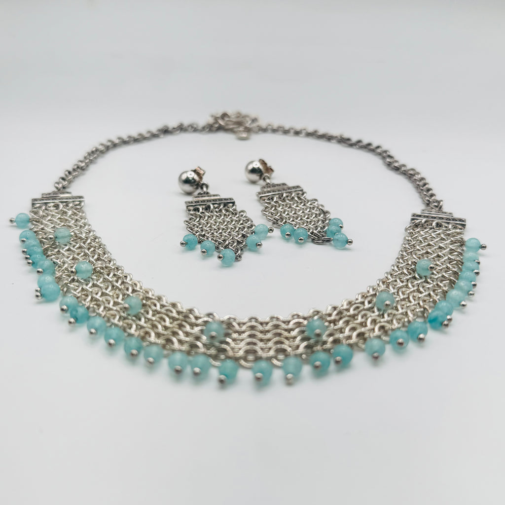 Handwoven 950 Sterling Silver and Amazonite Necklace Set