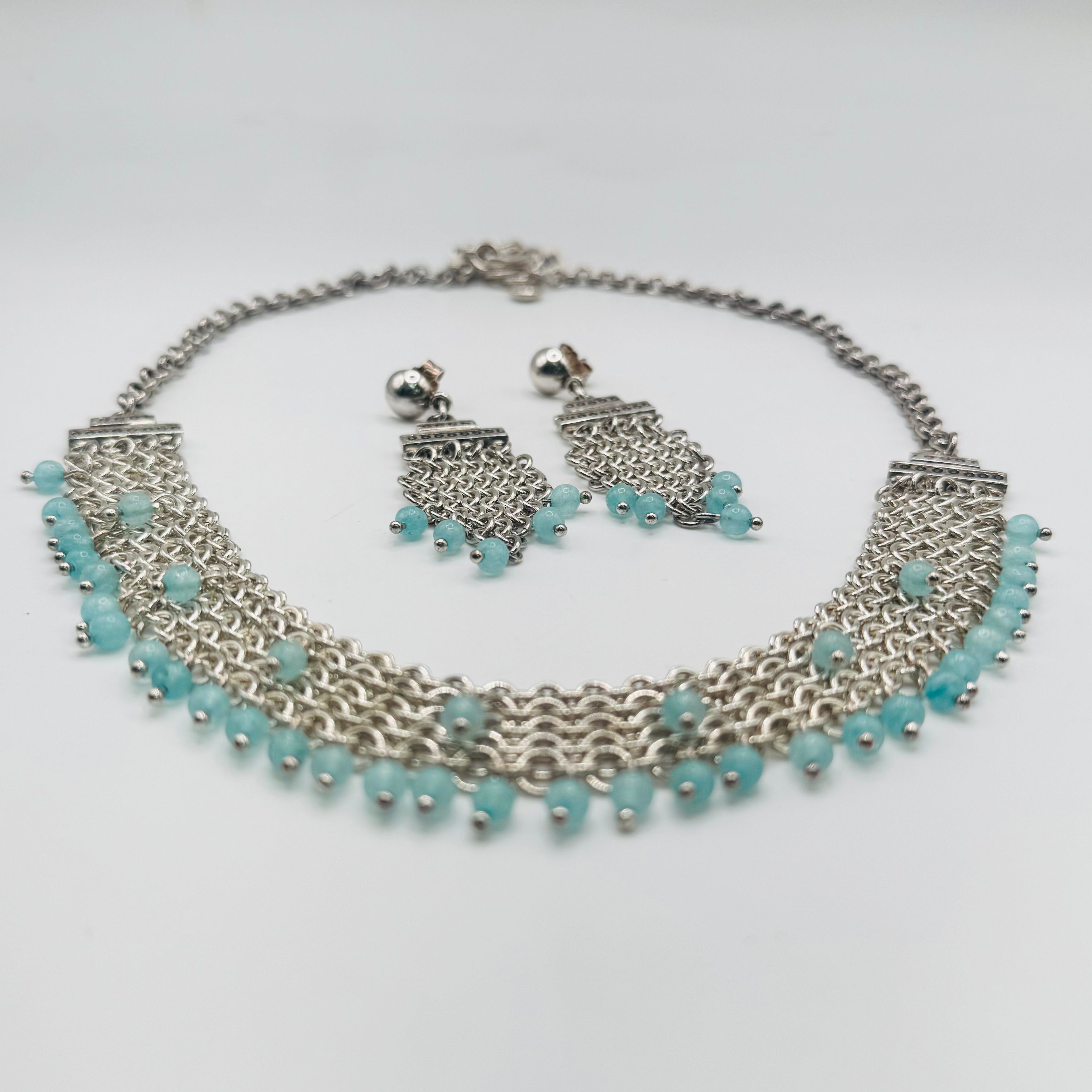 Handwoven 950 Sterling Silver and Amazonite Necklace Set