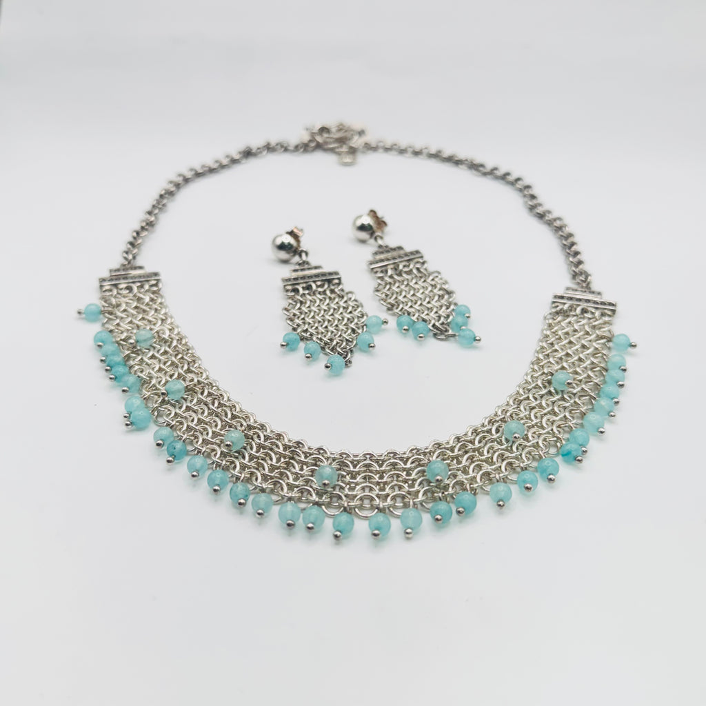 Handwoven 950 Sterling Silver and Amazonite Necklace Set