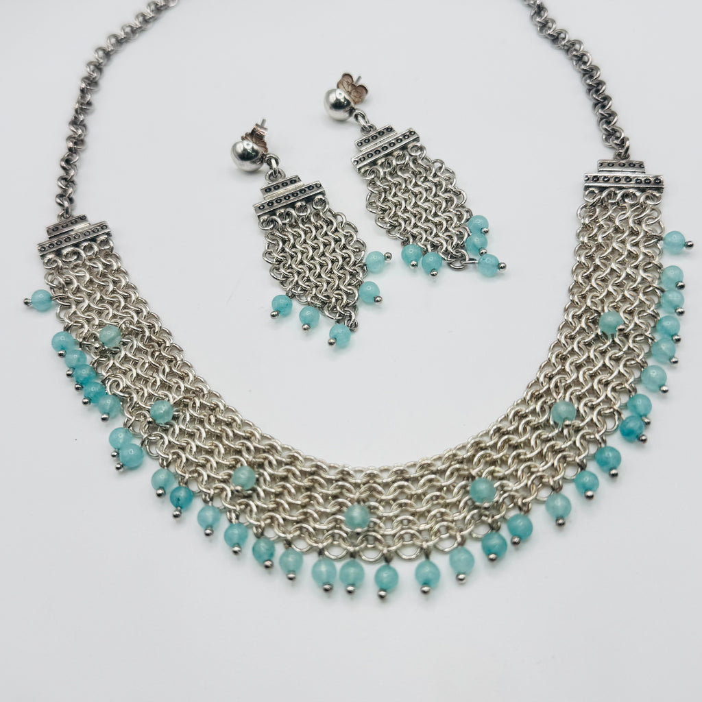 Handwoven 950 Sterling Silver and Amazonite Necklace Set