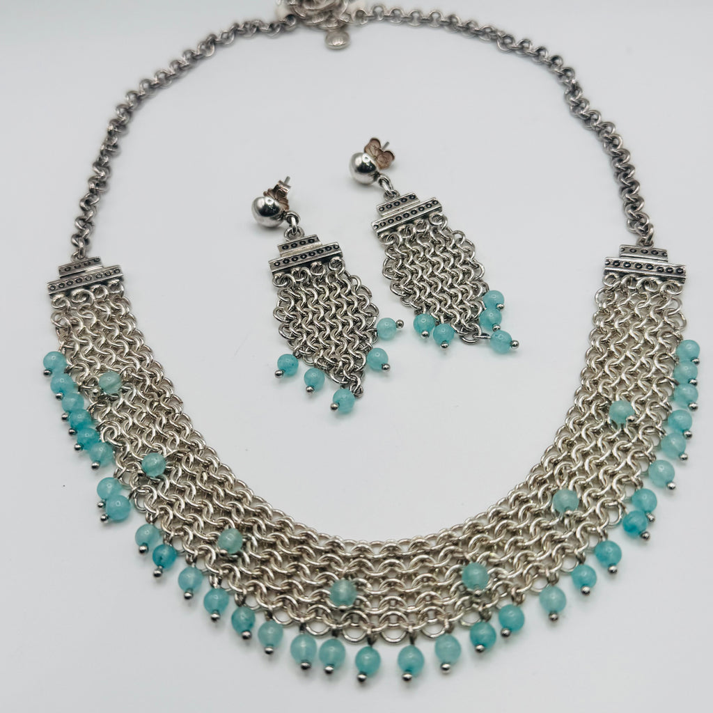 Handwoven 950 Sterling Silver and Amazonite Necklace Set