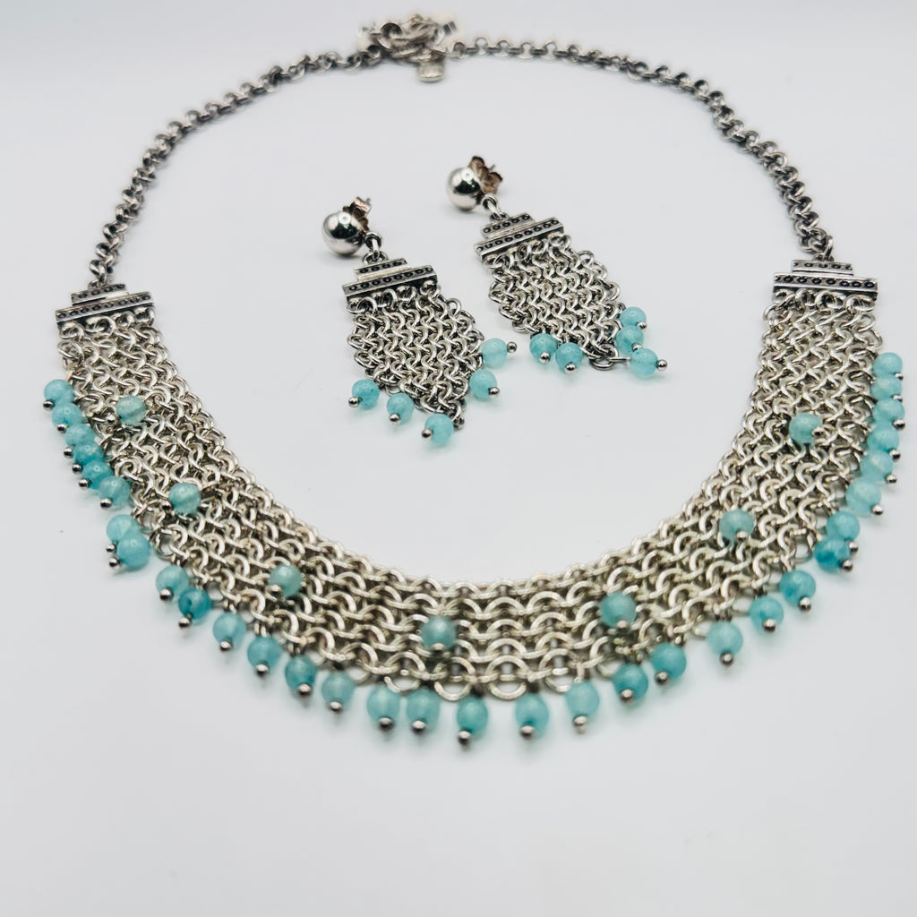 Handwoven 950 Sterling Silver and Amazonite Necklace Set