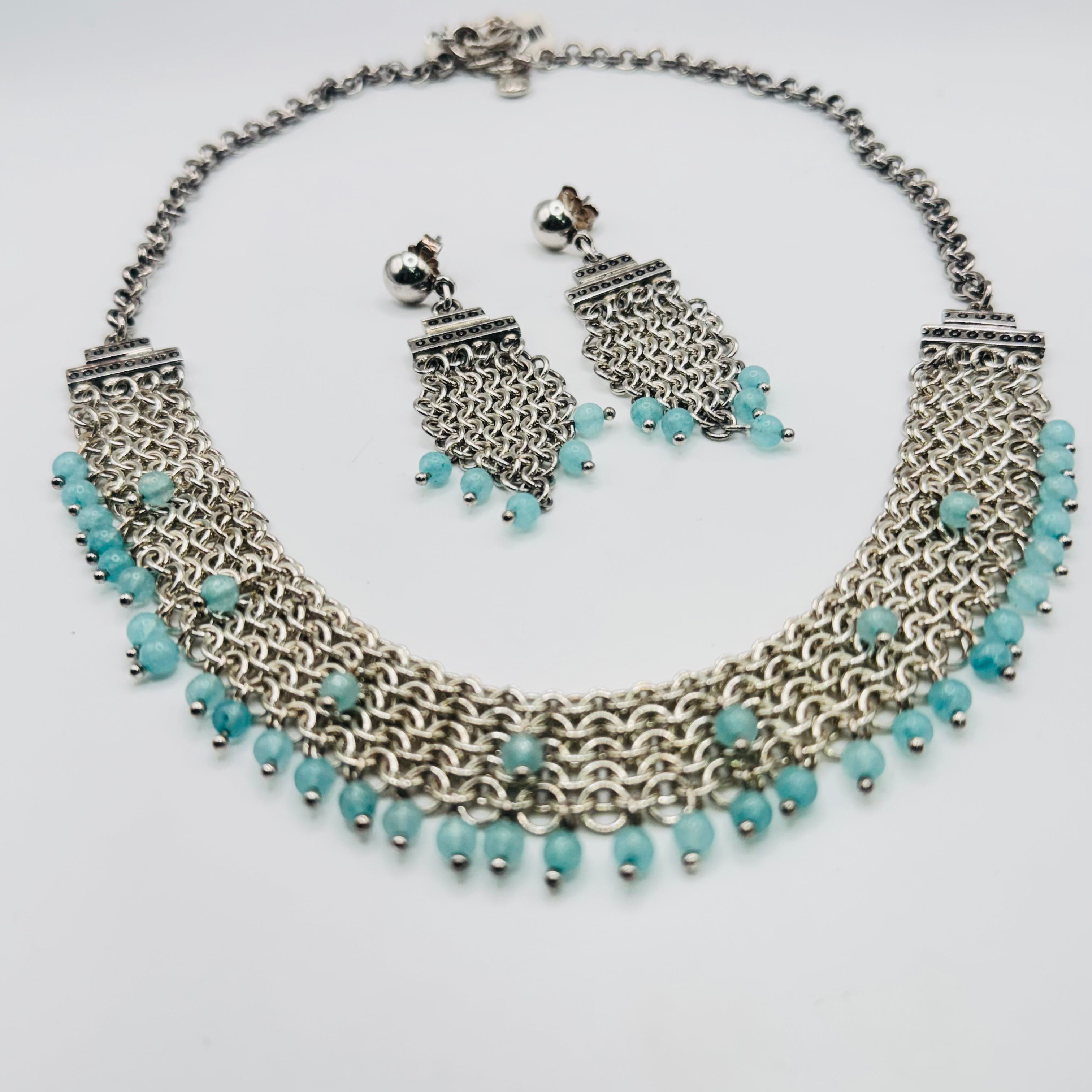 Handwoven 950 Sterling Silver and Amazonite Necklace Set