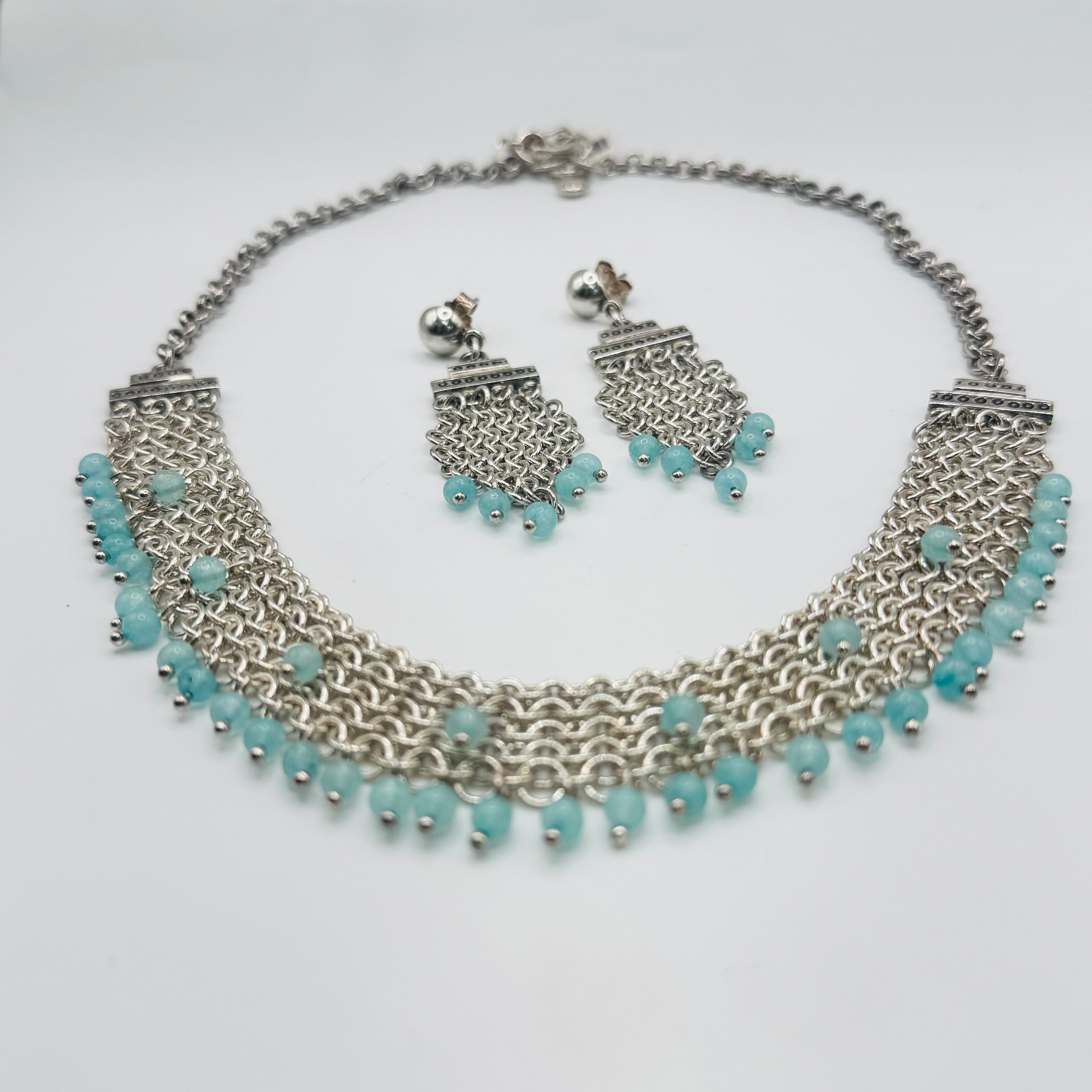 Handwoven 950 Sterling Silver and Amazonite Necklace Set