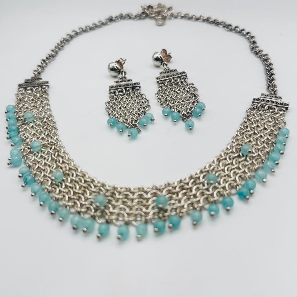 Handwoven 950 Sterling Silver and Amazonite Necklace Set
