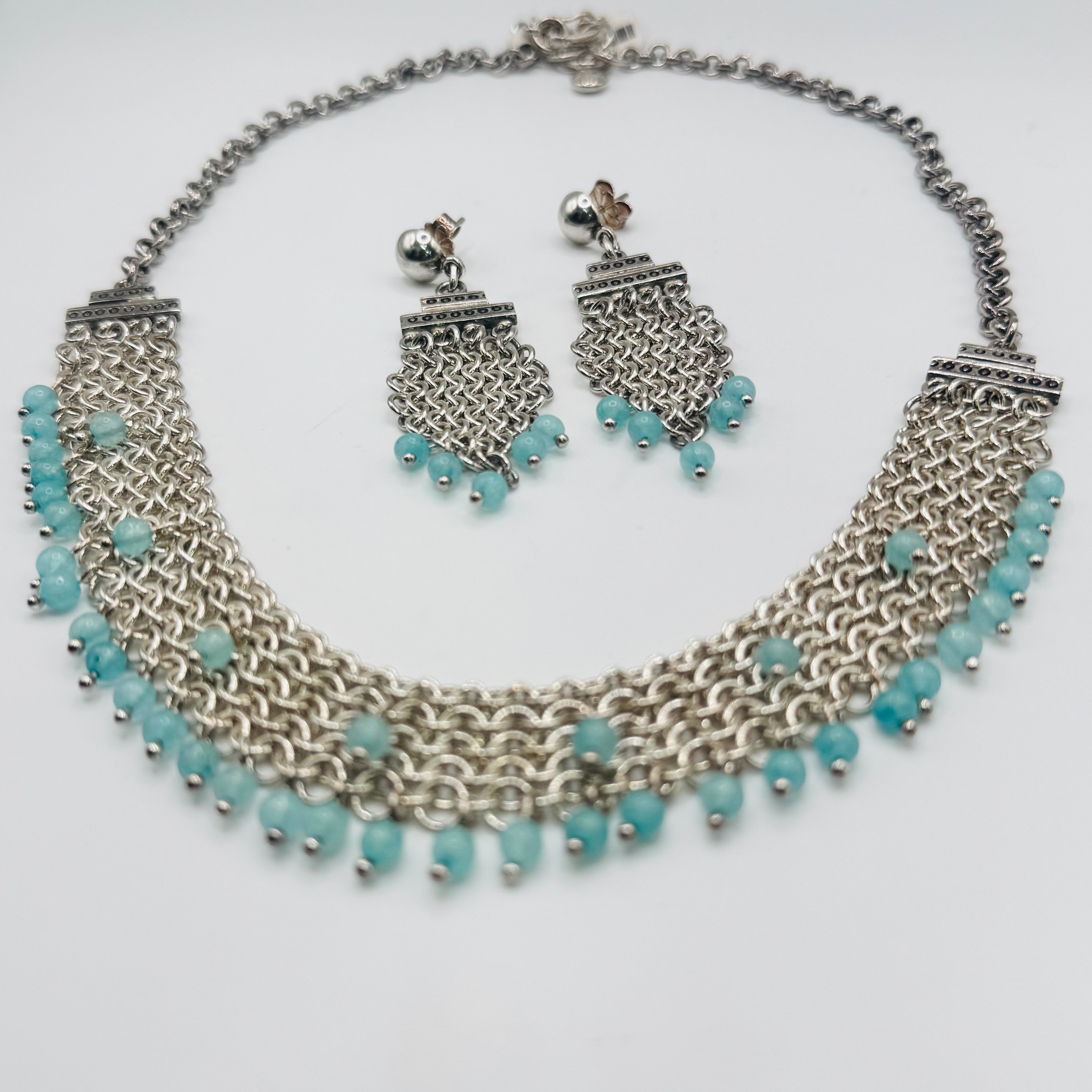 Handwoven 950 Sterling Silver and Amazonite Necklace Set