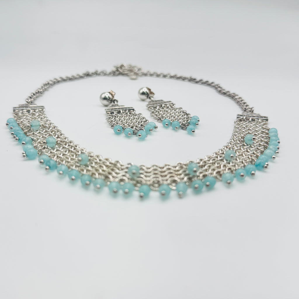 Handwoven 950 Sterling Silver and Amazonite Necklace Set